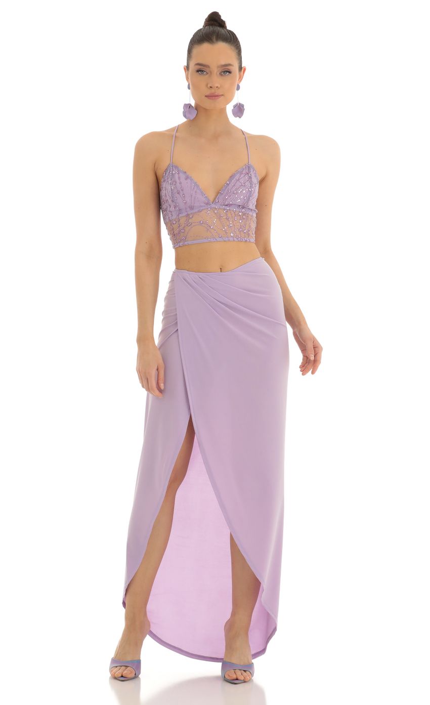Picture Chase Sequin Two Piece Maxi Skirt Set in Purple. Source: https://media.lucyinthesky.com/data/Feb23/850xAUTO/344649bb-cbb8-4f5d-94eb-081c2b6aafd1.jpg
