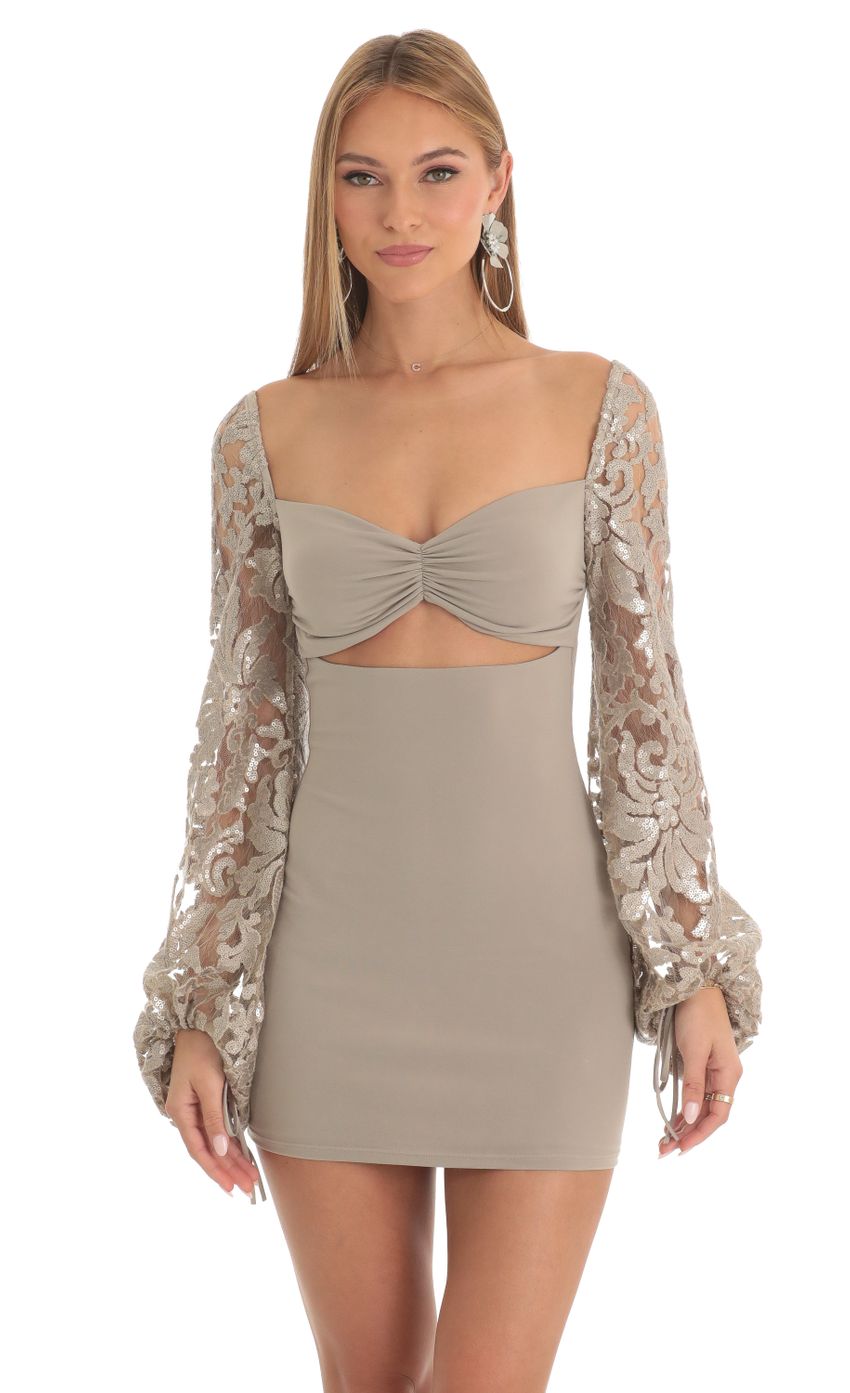 Picture Laurice Sequin Floral Long Sleeve Dress in Tan. Source: https://media.lucyinthesky.com/data/Feb23/850xAUTO/37a6277c-f972-4338-84b3-af2356fe0f24.jpg