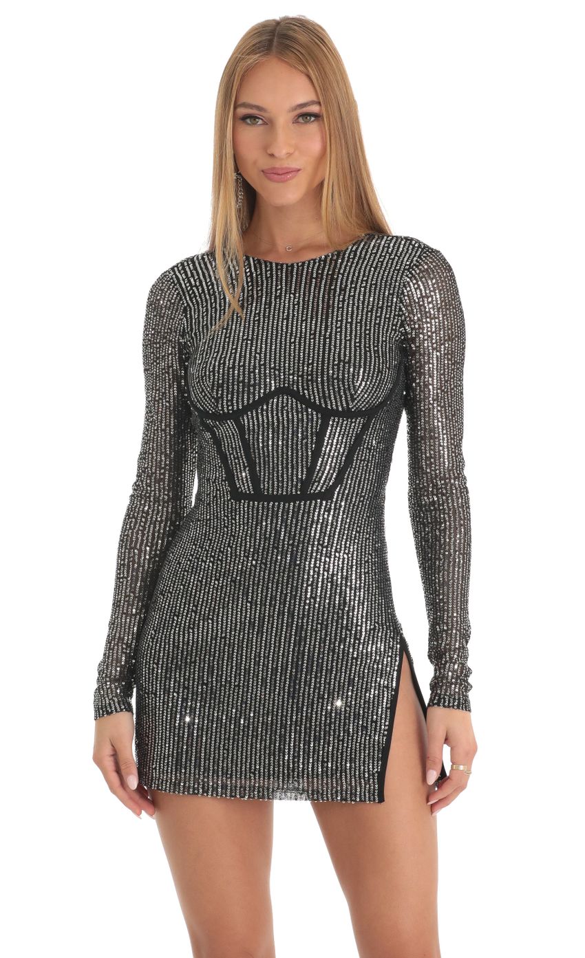 Picture Saint Sequins Crepe Corset Dress in Silver. Source: https://media.lucyinthesky.com/data/Feb23/850xAUTO/4b787839-32c1-4741-adbf-0926e56d8f19.jpg