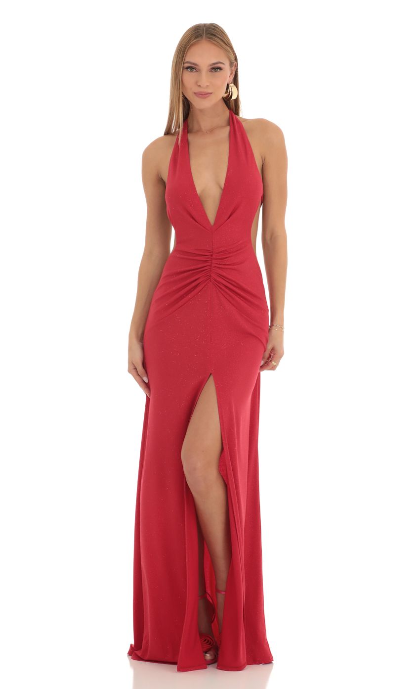 Picture Nubia Shimmer Front Slit Open Back Maxi Dress in Red. Source: https://media.lucyinthesky.com/data/Feb23/850xAUTO/50d7ed11-9b93-4e24-a2bd-bbeb711c192a.jpg