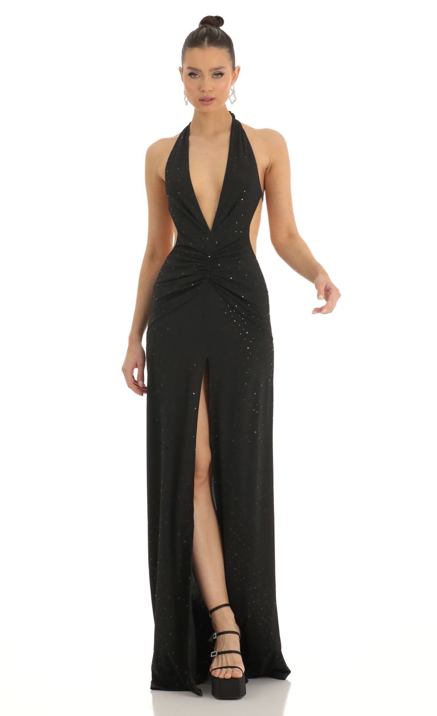 Picture Nubia Shimmer Front Slit Open Back Maxi Dress in Black. Source: https://media.lucyinthesky.com/data/Feb23/850xAUTO/5516796a-a420-4e62-9e6d-c1888578d695.jpg