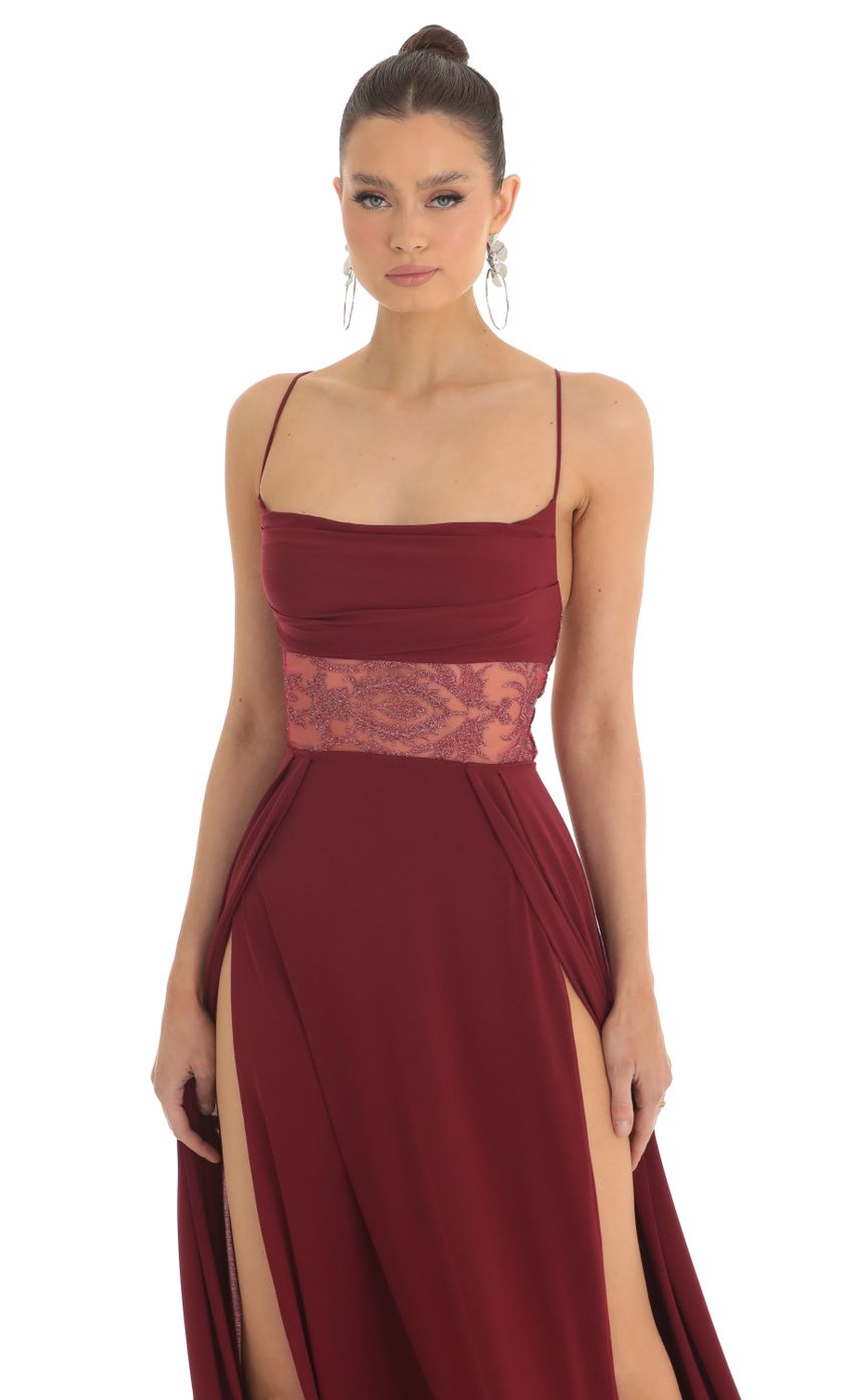 Picture Rayla Floral Waist Slit Maxi Dress in Dark Red. Source: https://media.lucyinthesky.com/data/Feb23/850xAUTO/57191c01-bbee-4640-a51f-71443cfe74bb.jpg