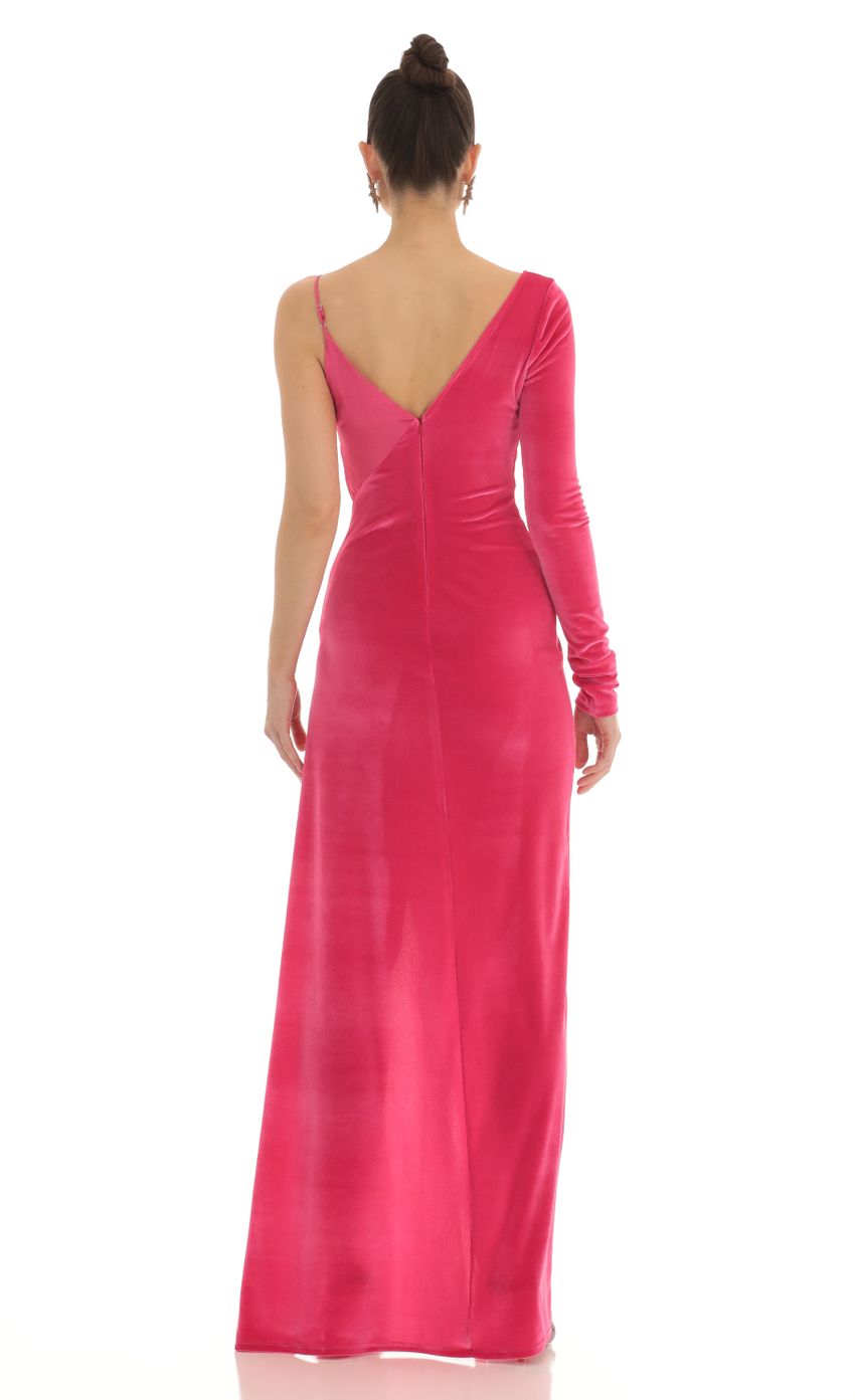Picture Tomia Asymmetrical Velvet Maxi Dress in Pink. Source: https://media.lucyinthesky.com/data/Feb23/850xAUTO/68408657-dde7-4703-afe6-987142e1185c.jpg