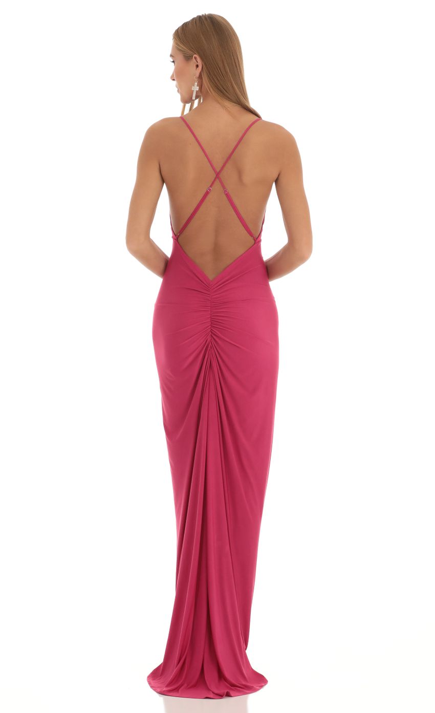 Picture Ladie Gathered Cross Back Maxi Dress in Hot Pink. Source: https://media.lucyinthesky.com/data/Feb23/850xAUTO/69c186c8-78b5-4513-bcf9-65269e19761e.jpg