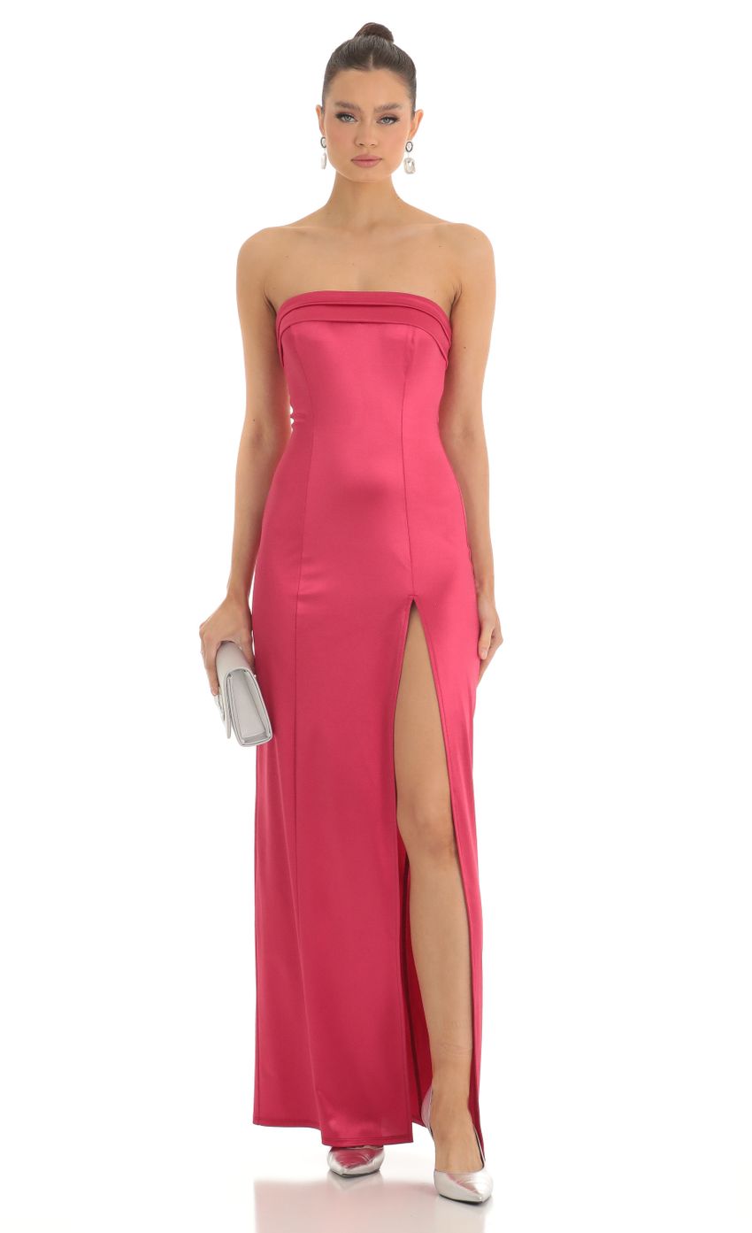 Picture Nicholya Satin Pleated Strapless Maxi Dress in Cherry. Source: https://media.lucyinthesky.com/data/Feb23/850xAUTO/704db81f-8bf2-422e-a871-db90b03e51d6.jpg
