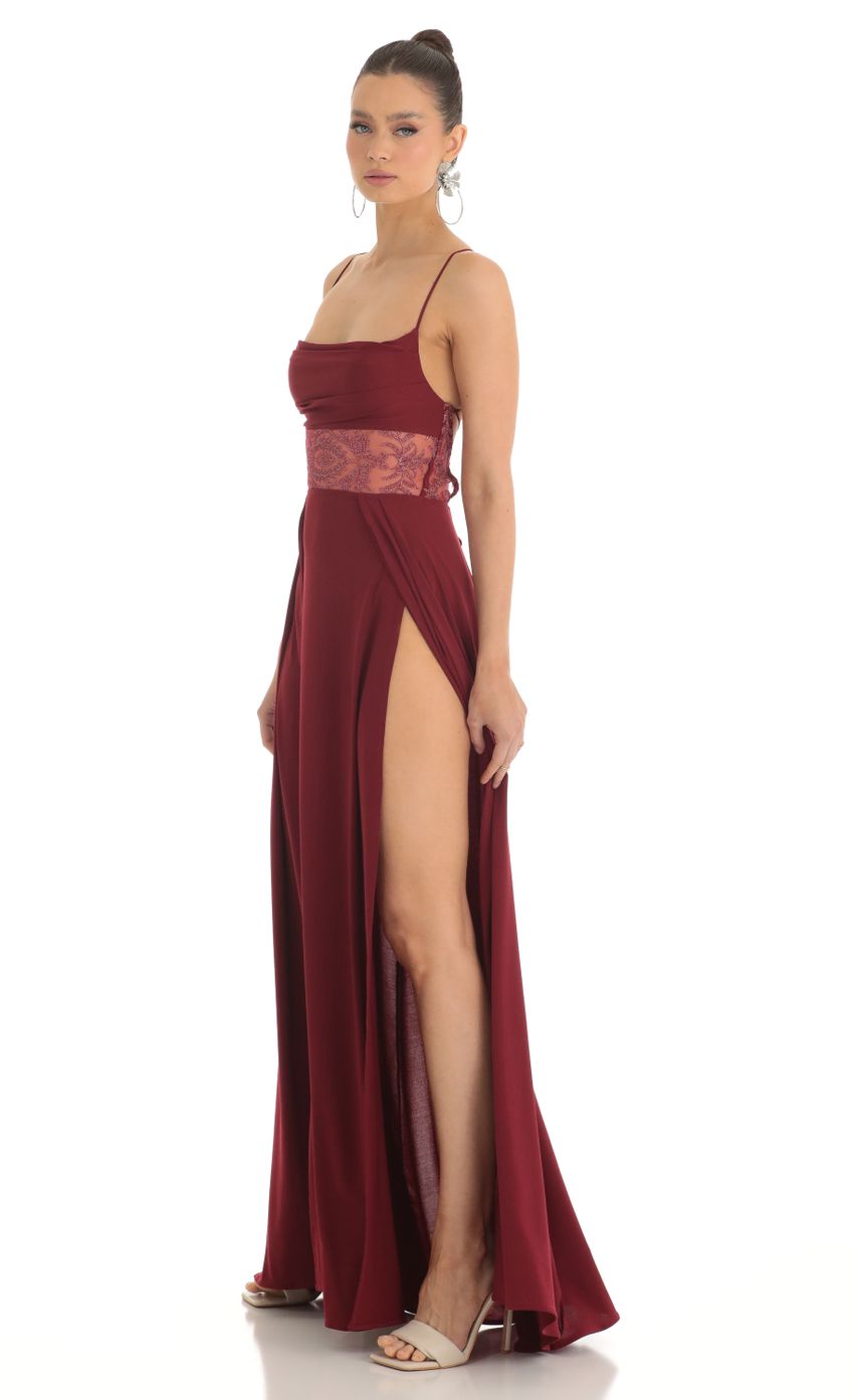 Picture Rayla Floral Waist Slit Maxi Dress in Dark Red. Source: https://media.lucyinthesky.com/data/Feb23/850xAUTO/70936c44-29dd-4b02-83f8-7e2050ff32d0.jpg