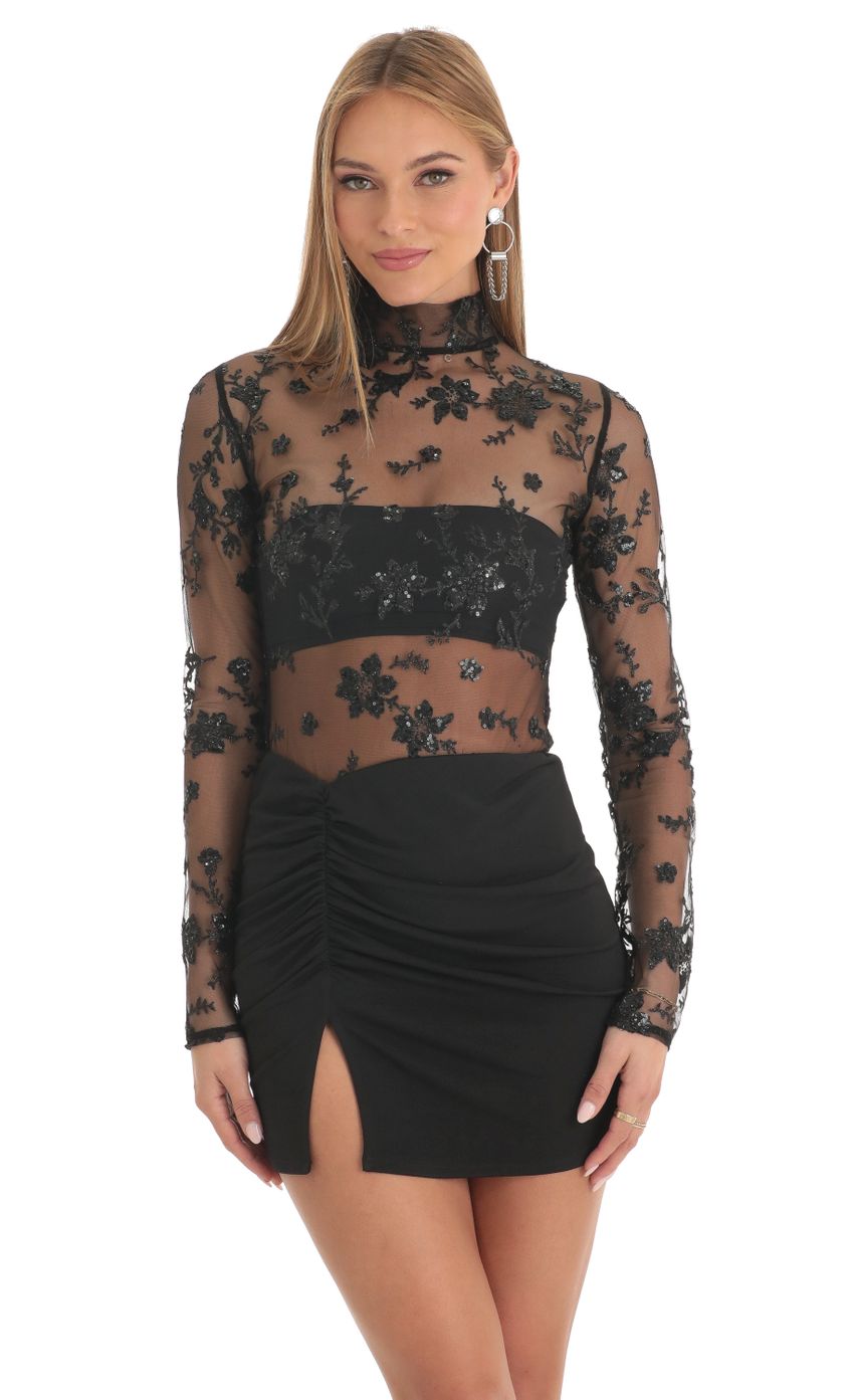 Helia Tulle Glitter Sheer Mock Neck Dress in Black | LUCY IN THE SKY