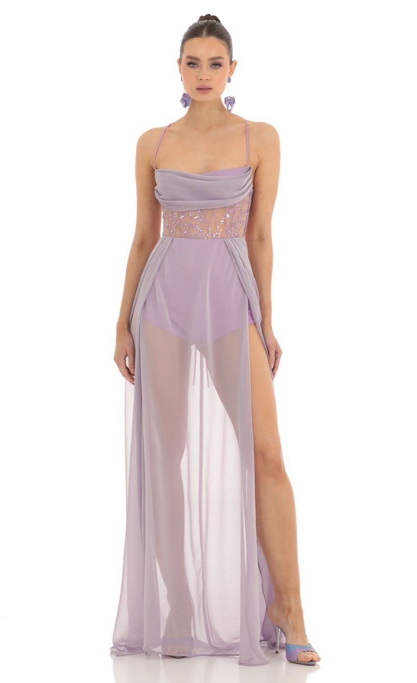 Picture Jordana Chiffon Sheer Maxi Dress in Lavender. Source: https://media.lucyinthesky.com/data/Feb23/850xAUTO/7b50bb3f-7b4d-4ac3-b7cb-8fc062dd99bc.jpg