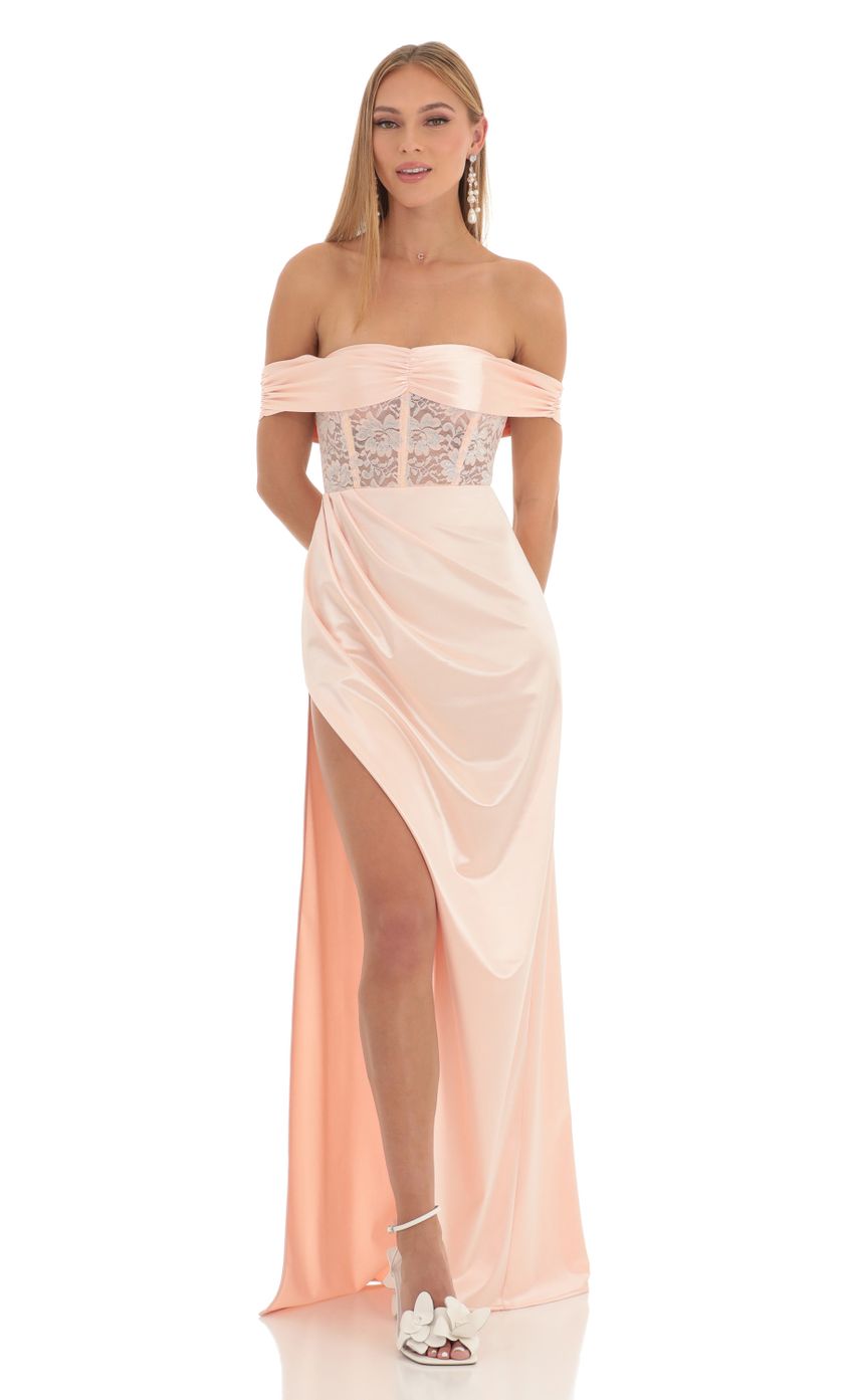 Picture Novara Satin Off Shoulder Lace Corset Dress in Peach. Source: https://media.lucyinthesky.com/data/Feb23/850xAUTO/7da87a7e-7cd4-4617-a2d6-f39e01f8bc7a.jpg