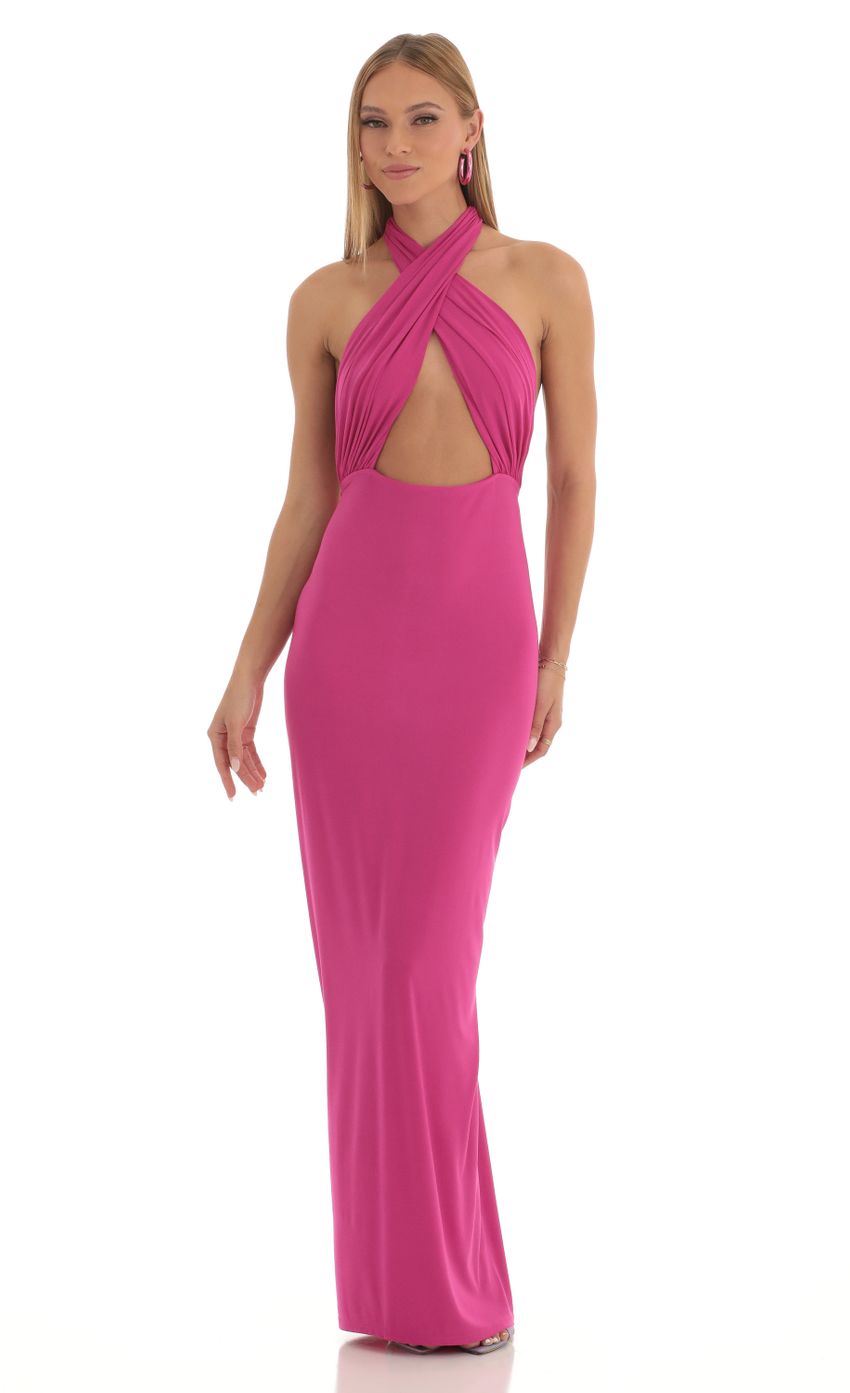Picture Minoa Front Cross Halter Maxi Dress in Pink. Source: https://media.lucyinthesky.com/data/Feb23/850xAUTO/8aa98719-0bf1-4218-9761-c519b4c3b6e0.jpg