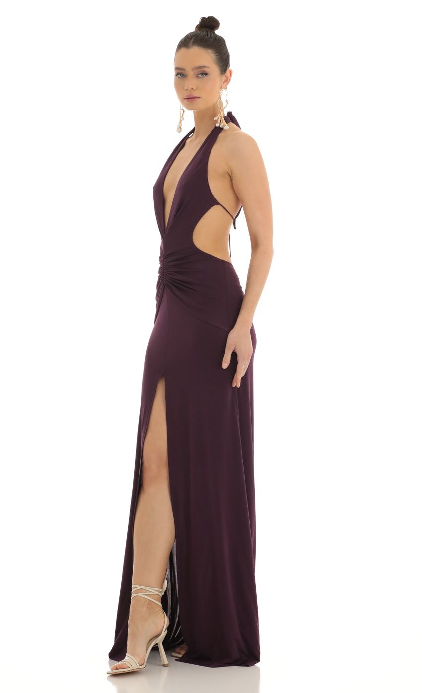 Picture Nubia Front Slit Open Back Maxi Dress in Purple. Source: https://media.lucyinthesky.com/data/Feb23/850xAUTO/8c44b1f3-c398-46a8-a9ba-7af0c8f216d5.jpg
