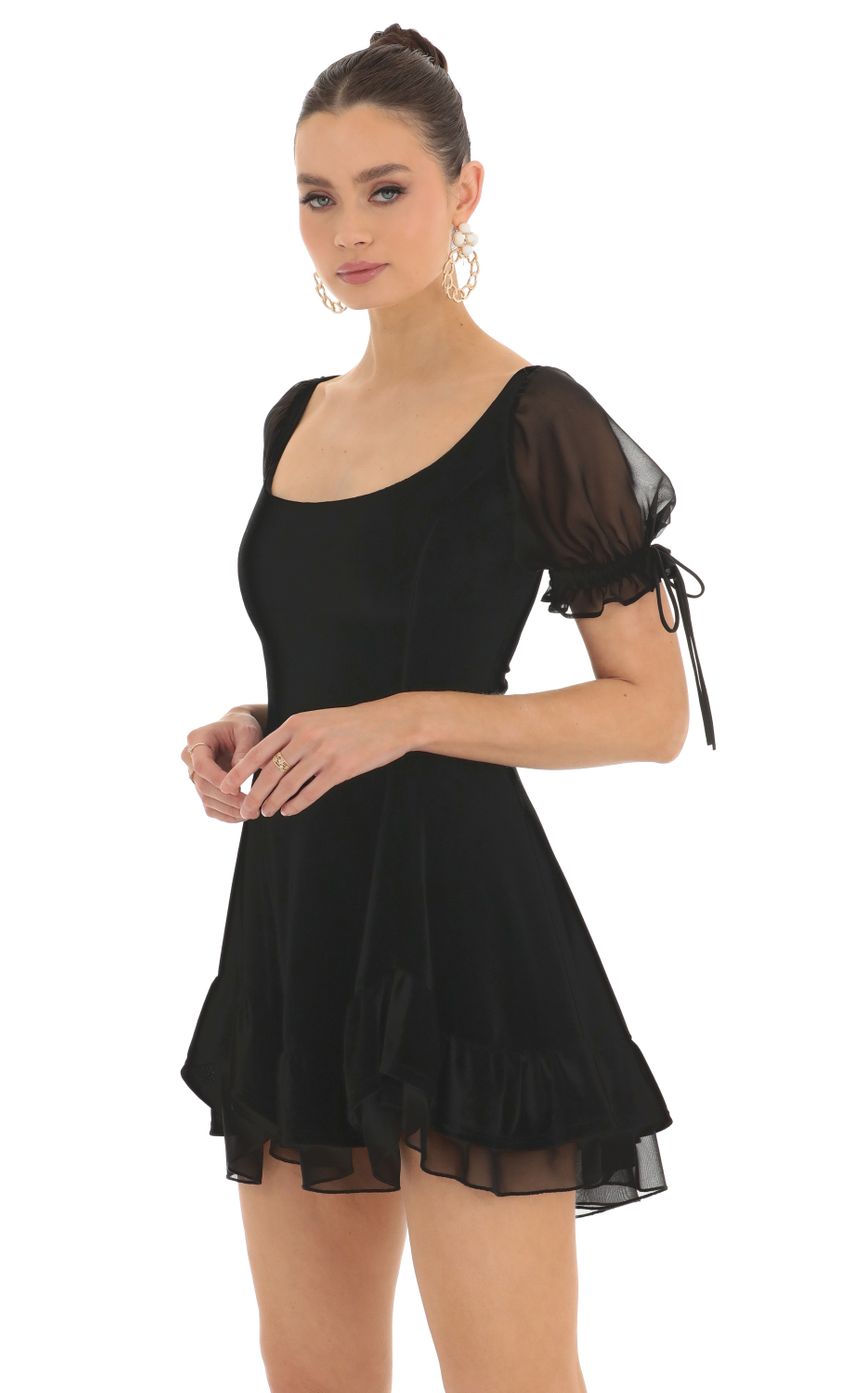 Picture Roux Velvet Short Sleeve Fit and Flare Dress in Black. Source: https://media.lucyinthesky.com/data/Feb23/850xAUTO/8f822dd0-73b6-4f6a-860d-f2180762f0b6.jpg