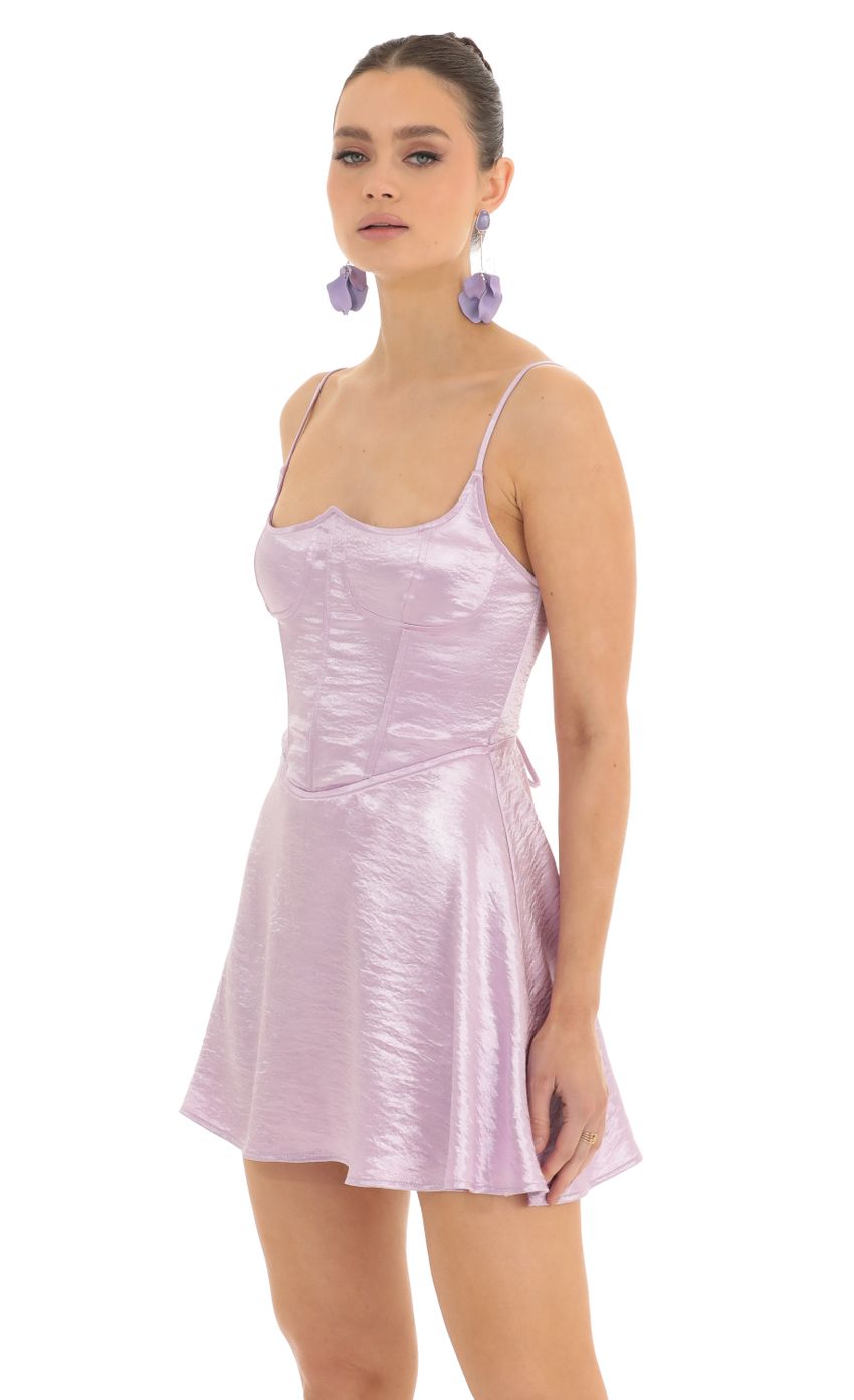Picture Denali Satin Corset Fit and Flare Dress in Lavender. Source: https://media.lucyinthesky.com/data/Feb23/850xAUTO/94aa6b3f-d186-4c54-99c7-7764019b712c.jpg