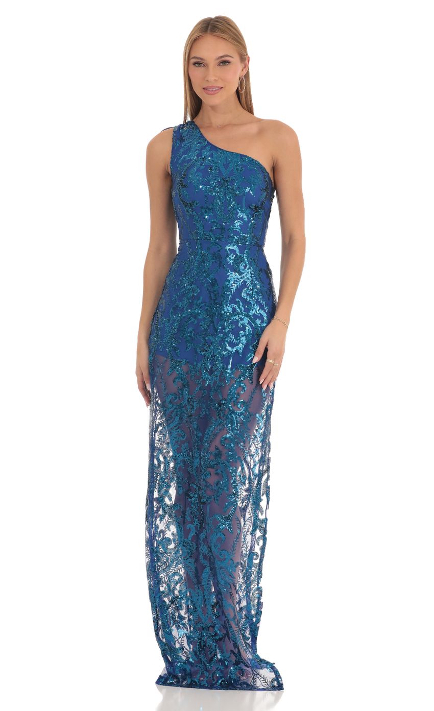 Picture Chance Sequin One Shoulder Maxi Dress in Blue. Source: https://media.lucyinthesky.com/data/Feb23/850xAUTO/982e06bd-c12f-4bee-9d9c-9d1012924b06.jpg