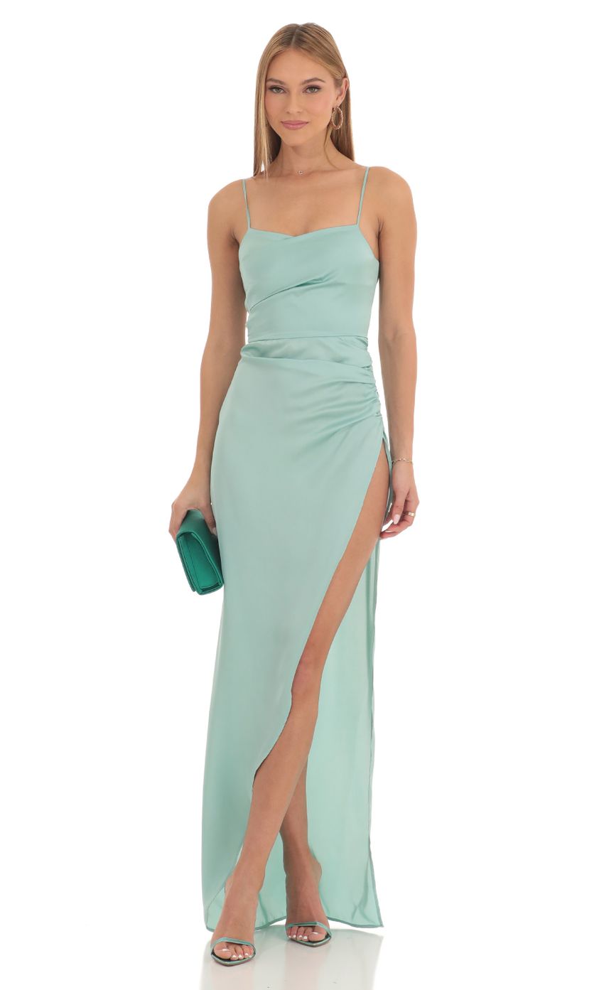 Picture Missy Satin Draped High Slit Maxi Dress in Mint Green. Source: https://media.lucyinthesky.com/data/Feb23/850xAUTO/9cd11f12-0e4e-4056-a20c-c5b5d8b95ff6.jpg