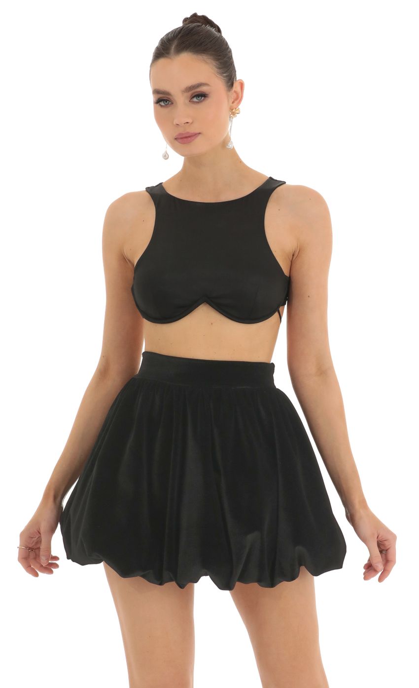 Picture Kalina Velvet Back Bow Bubble Skirt in Black. Source: https://media.lucyinthesky.com/data/Feb23/850xAUTO/bd9f4c6d-f838-47ef-ab63-0bb2e47fe88a.jpg