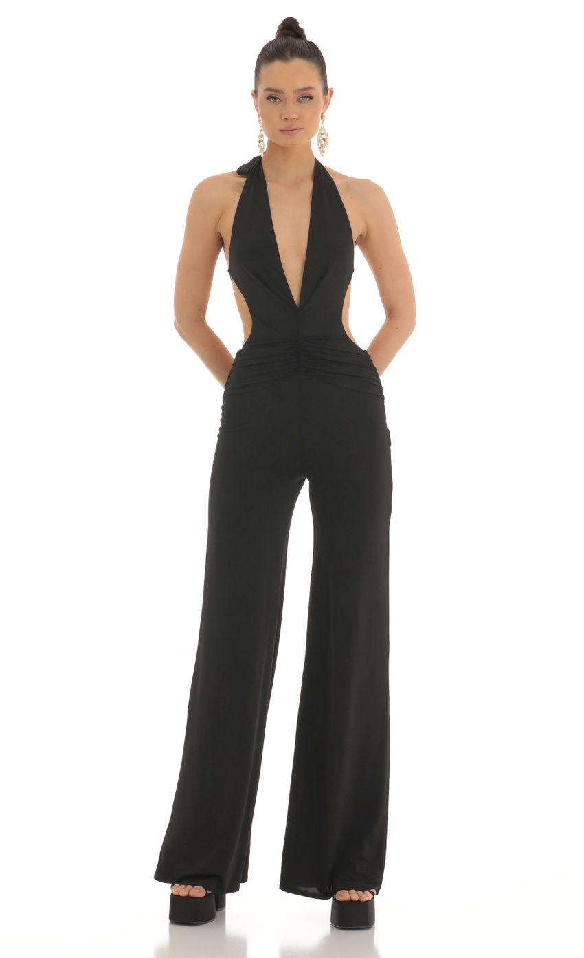 Picture Saga Plunge Halter Jumpsuit in Black. Source: https://media.lucyinthesky.com/data/Feb23/850xAUTO/ddf20ae3-6f86-4aa2-8d9f-87e01aa157af.jpg