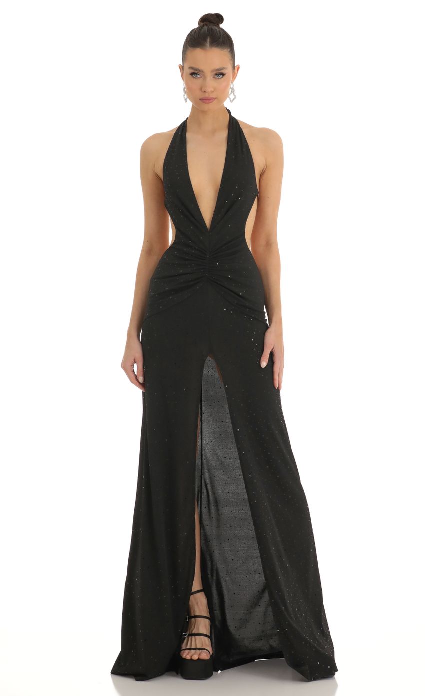 Picture Nubia Shimmer Front Slit Open Back Maxi Dress in Black. Source: https://media.lucyinthesky.com/data/Feb23/850xAUTO/de3f95c1-0516-4201-a823-36a8df957b6c.jpg