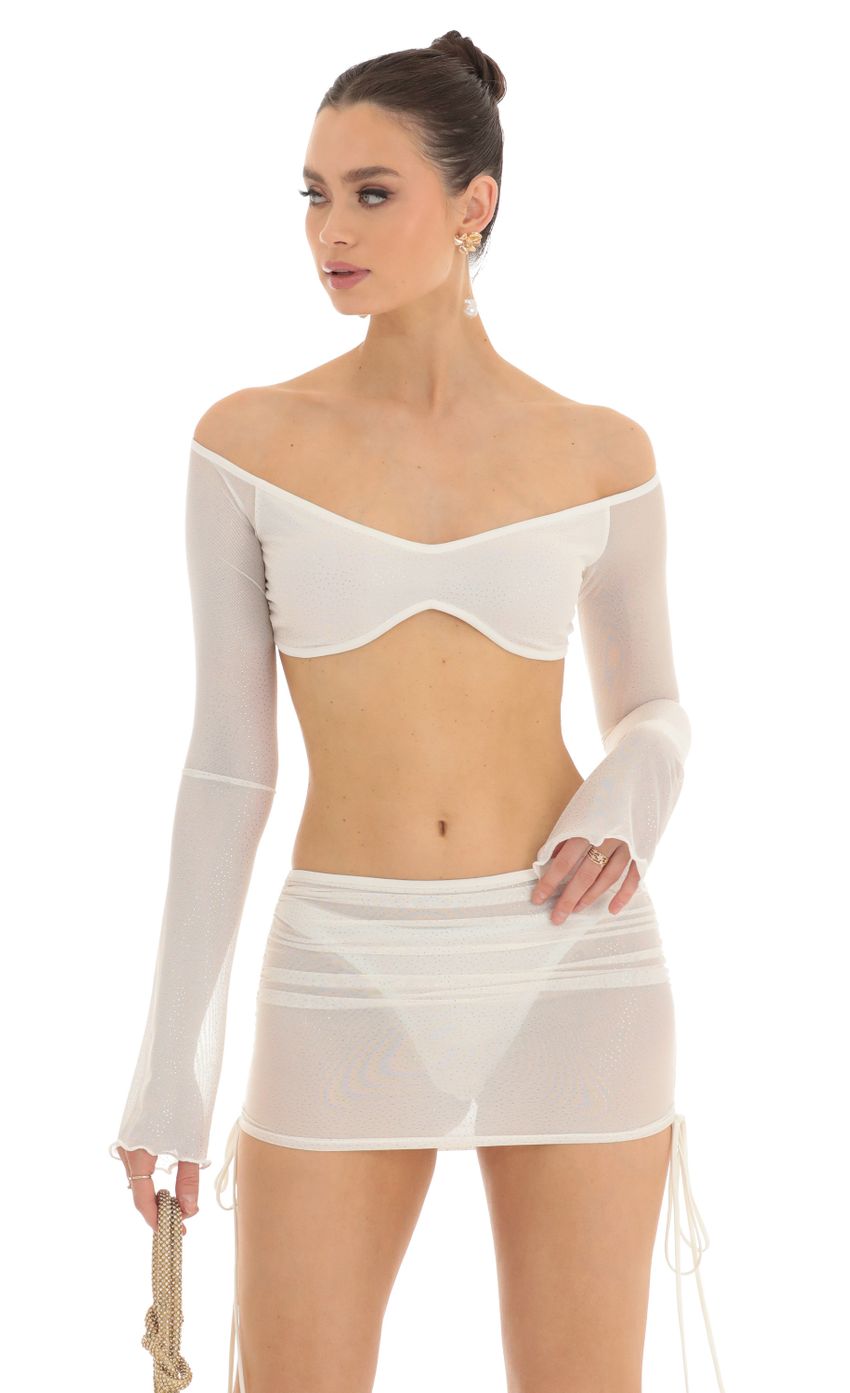 Picture Numera Gold Glitter Off Shoulder Three Piece Skirt Set in White. Source: https://media.lucyinthesky.com/data/Feb23/850xAUTO/e1834039-7465-4a40-a1eb-2f680255a623.jpg
