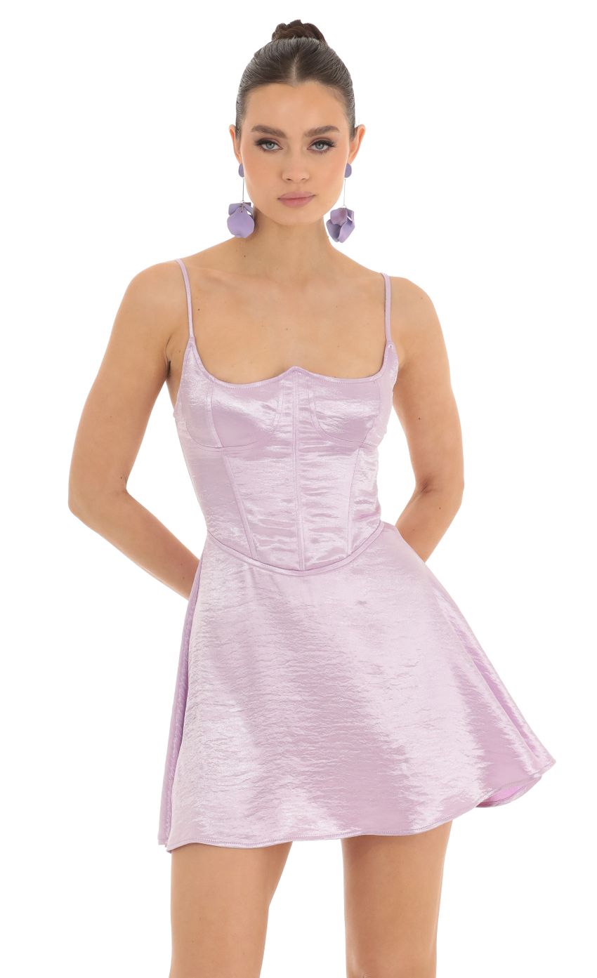 Picture Denali Satin Corset Fit and Flare Dress in Lavender. Source: https://media.lucyinthesky.com/data/Feb23/850xAUTO/e689da39-a008-4853-bf4e-2915031a4cab.jpg