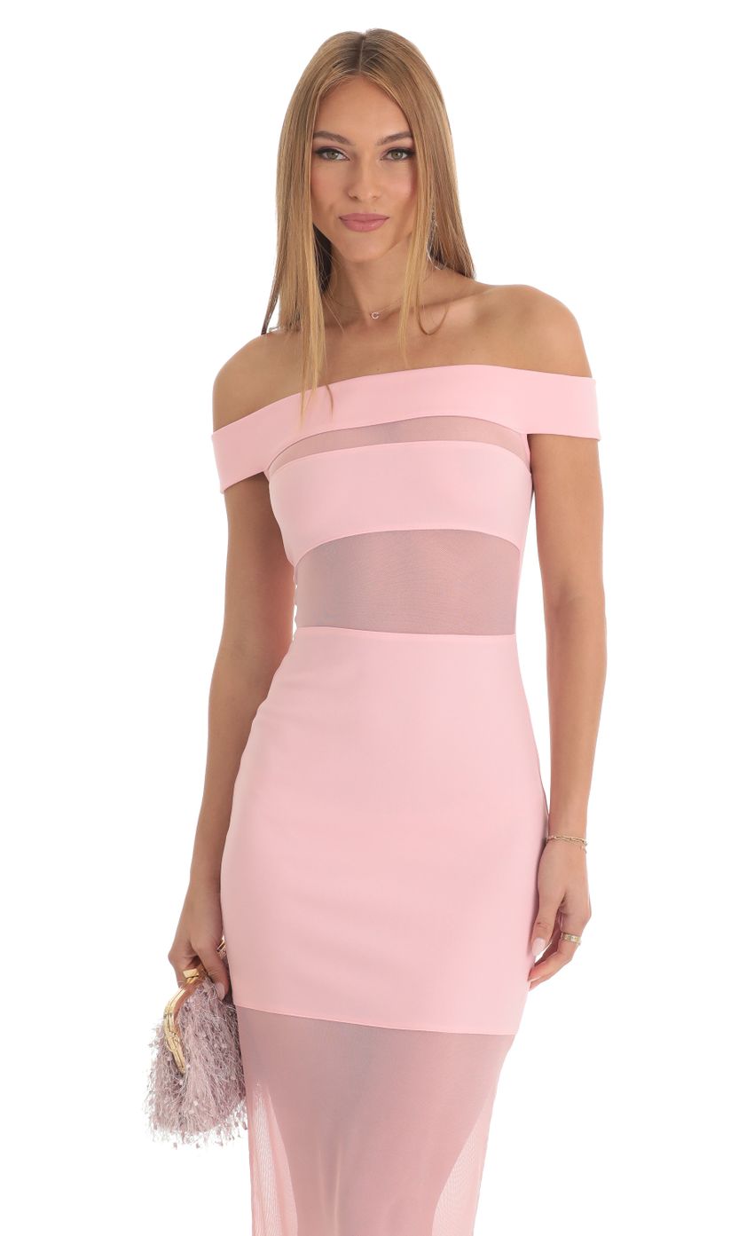 Picture Brit Mesh Illusion Off Shoulder Midi in Pink. Source: https://media.lucyinthesky.com/data/Feb23/850xAUTO/f1358bde-da3d-4986-b131-a4ee4ac07873.jpg