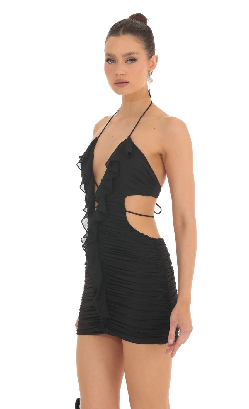 Picture Romina Ruffled Plunge Cutout Dress in Black. Source: https://media.lucyinthesky.com/data/Feb23/850xAUTO/f351a8f1-8fd8-4ec2-8813-aed7af339e34.jpg