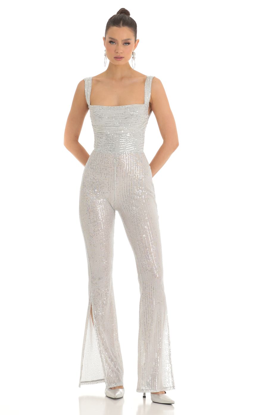 Picture Lupita Sequin Wide Leg Slit Jumpsuit in Silver. Source: https://media.lucyinthesky.com/data/Feb23/850xAUTO/f8037b94-3790-4812-8ce0-46dacbf57a75.jpg
