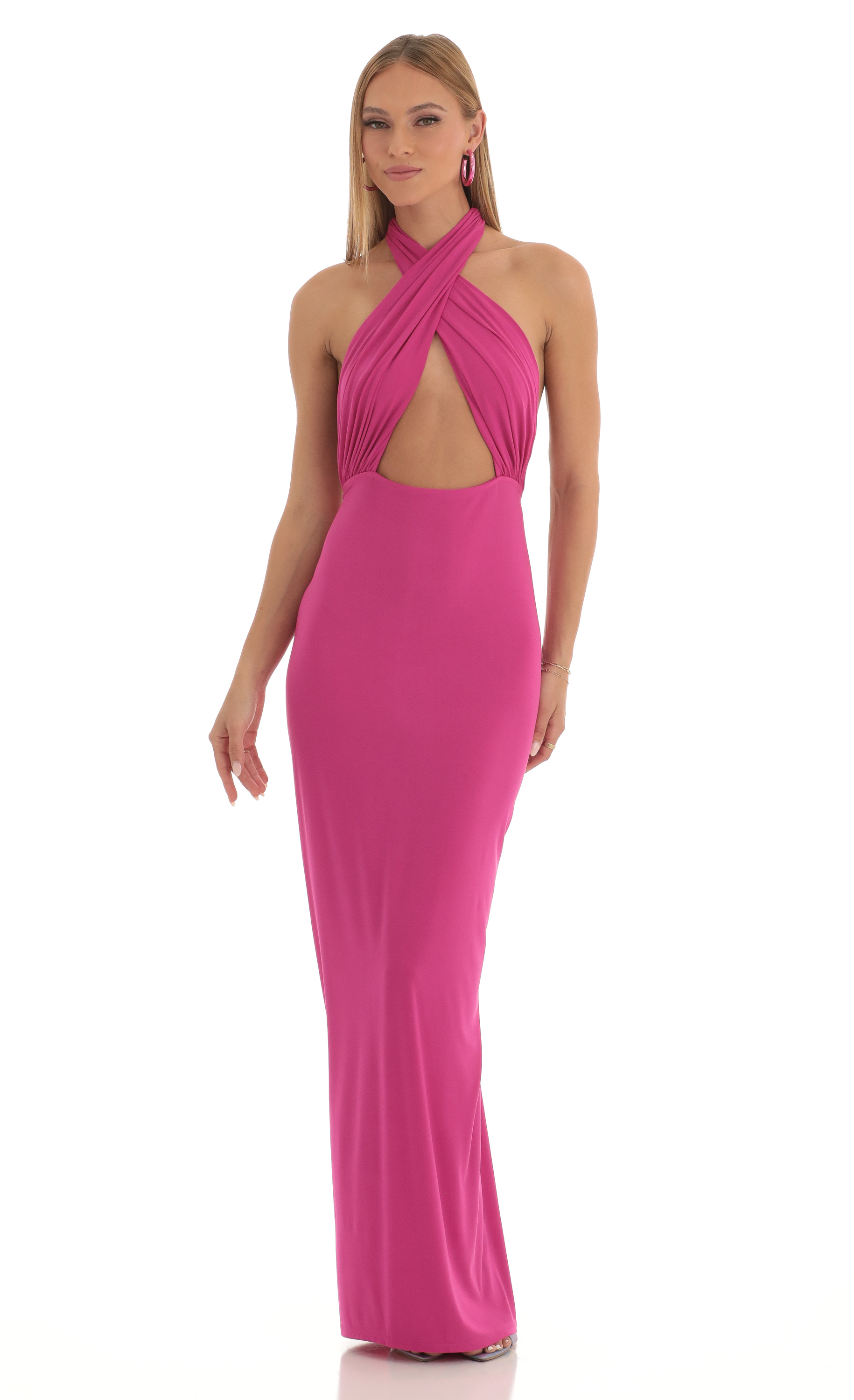 Razz Gathered Back Halter BodyCon Maxi Dress in Pink