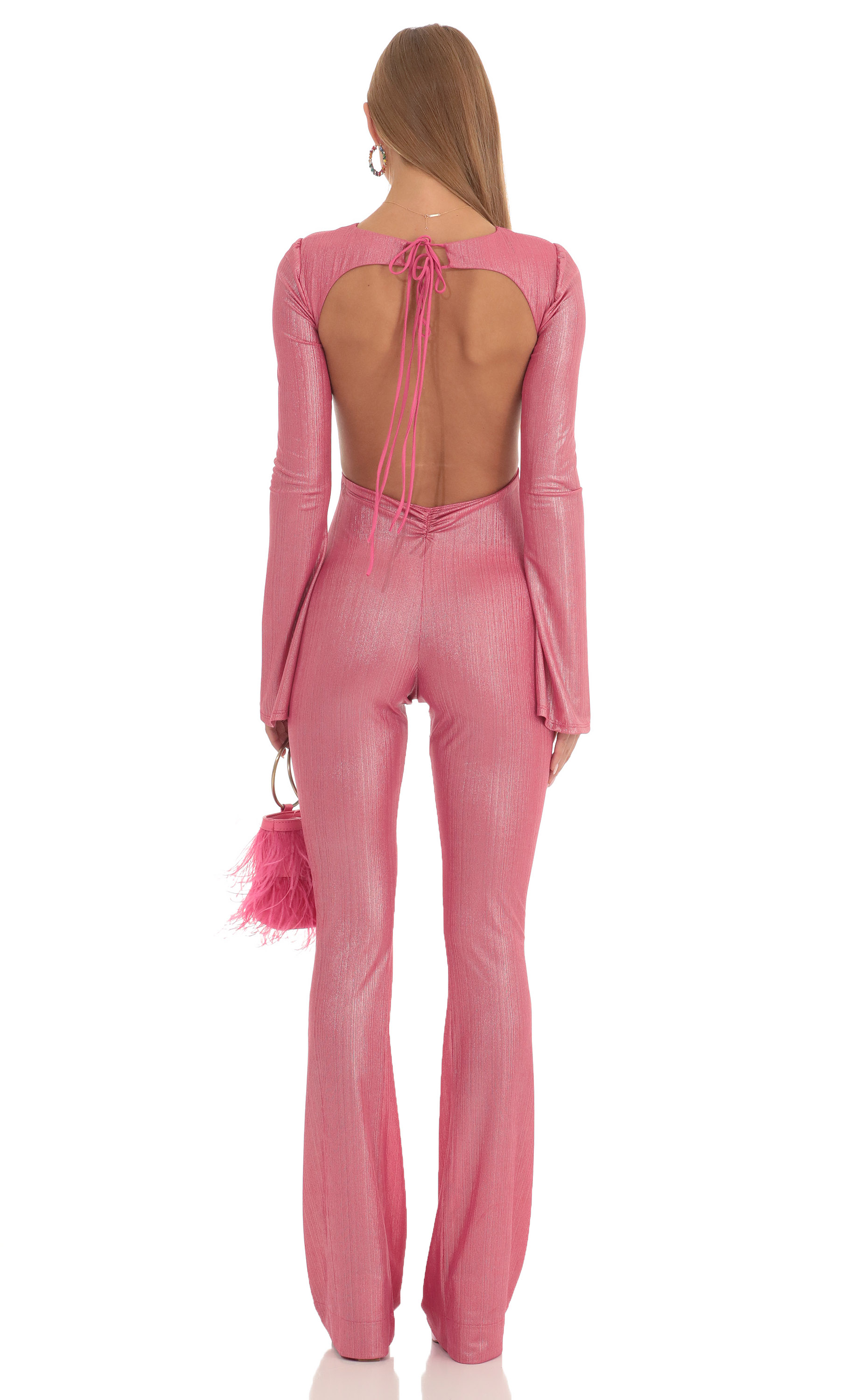 Kim Shimmer Open Back Jumpsuit in Hot Pink