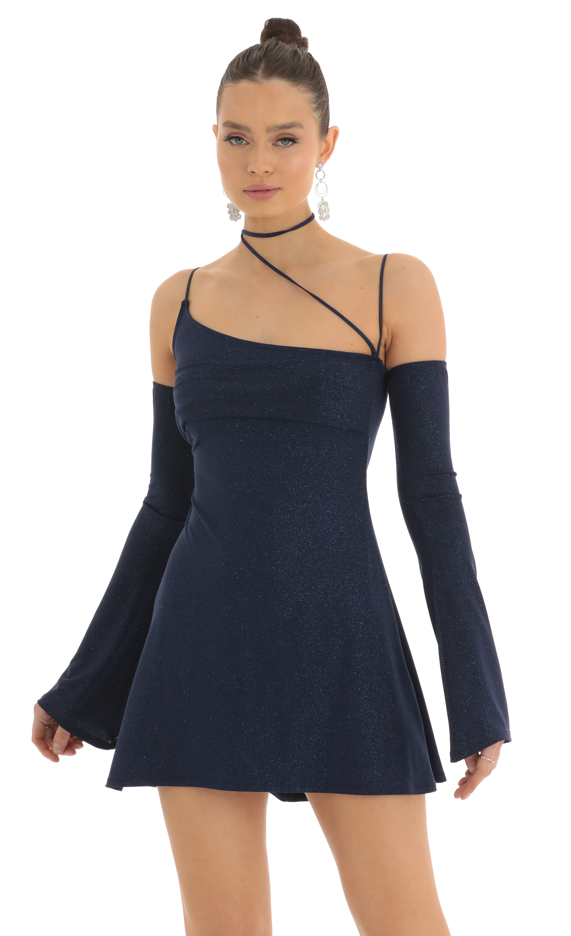 Viv Glitter Party Dress With Gloves in Navy