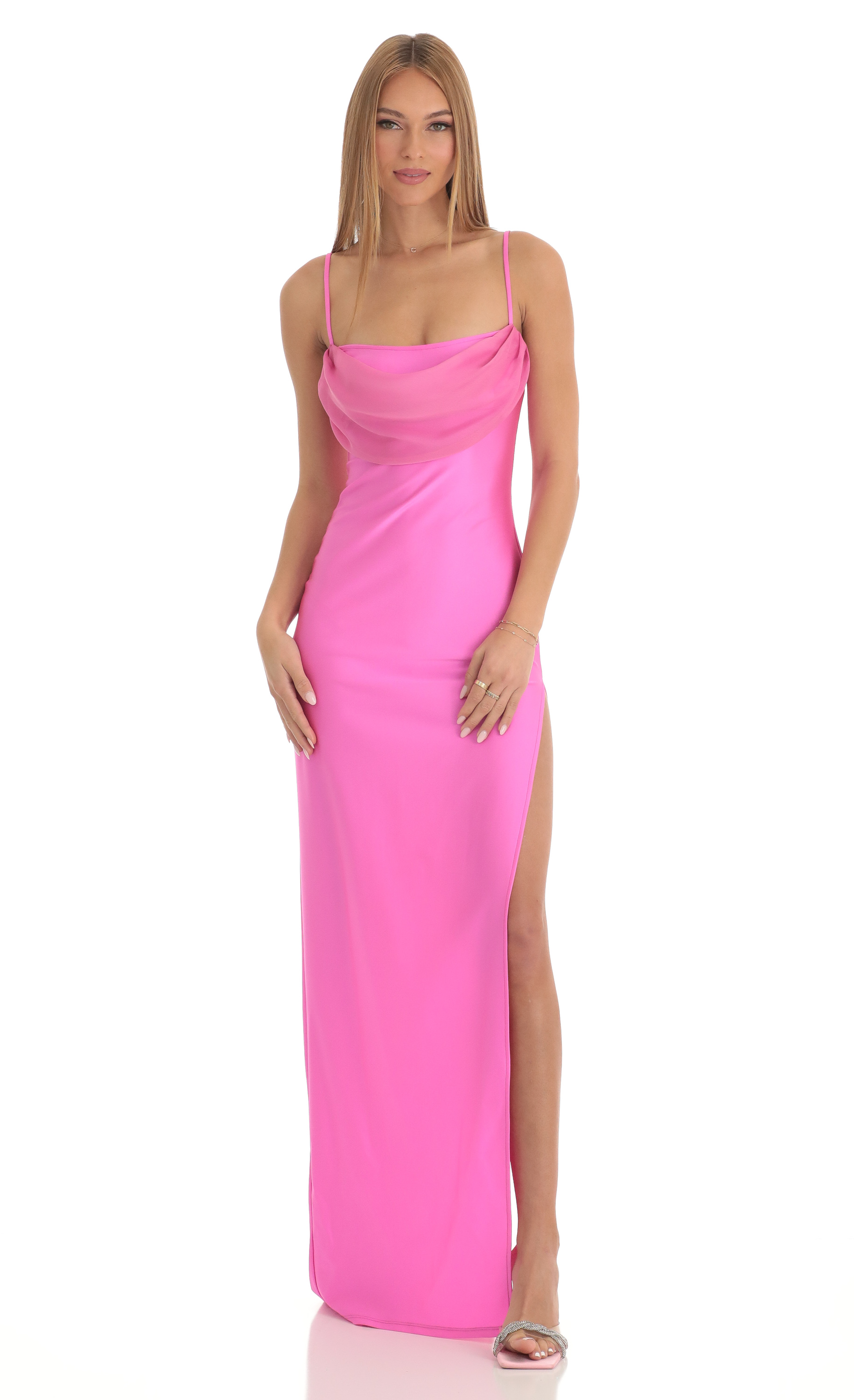 Yennefer High Slit Cowl Neck Maxi Dress in Hot Pink