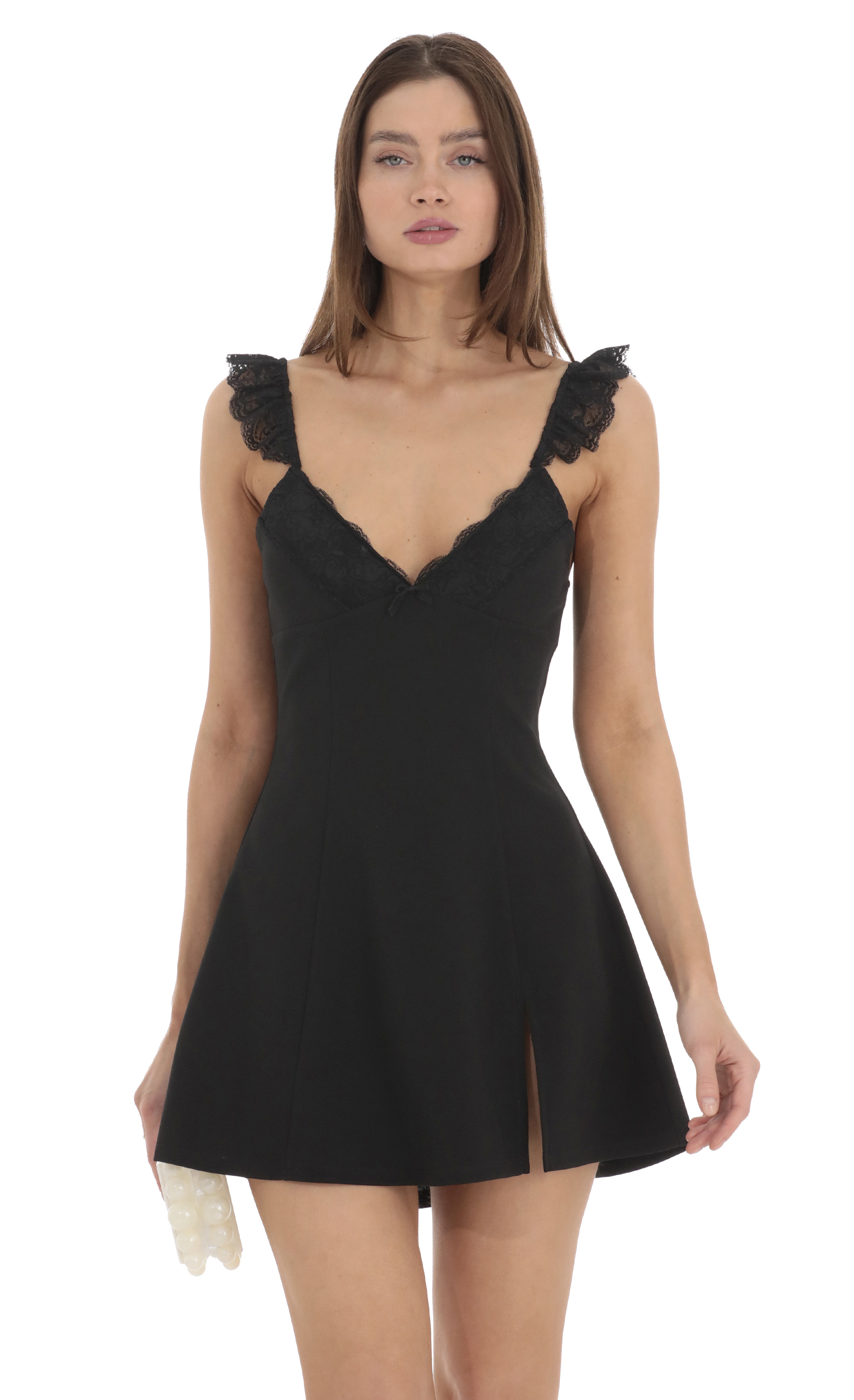 Lace Strap V-Neck Dress in Black