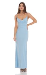 Picture Cowl Neck Mermaid Maxi Dress in Blue. Source: https://media.lucyinthesky.com/data/Feb24/150xAUTO/416a970a-1850-4cf3-9776-34f123d459c1.jpg