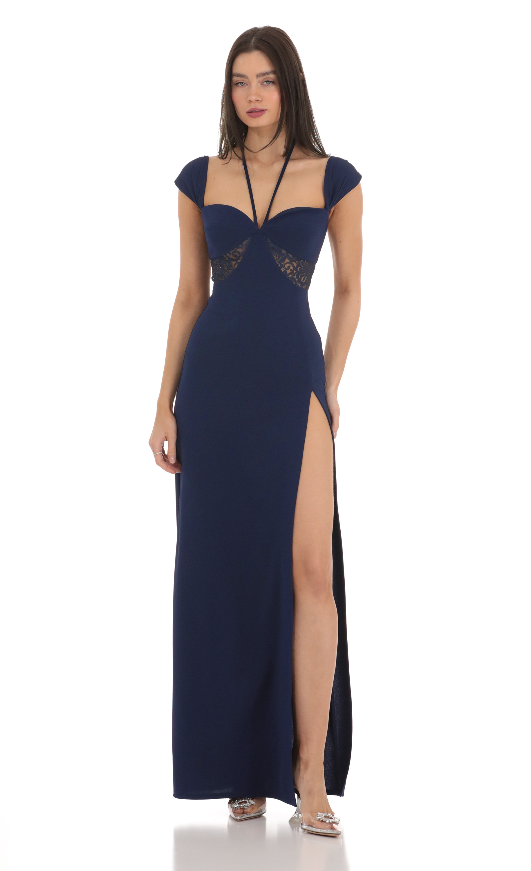 Halter Lace Cutout Maxi Dress in Navy