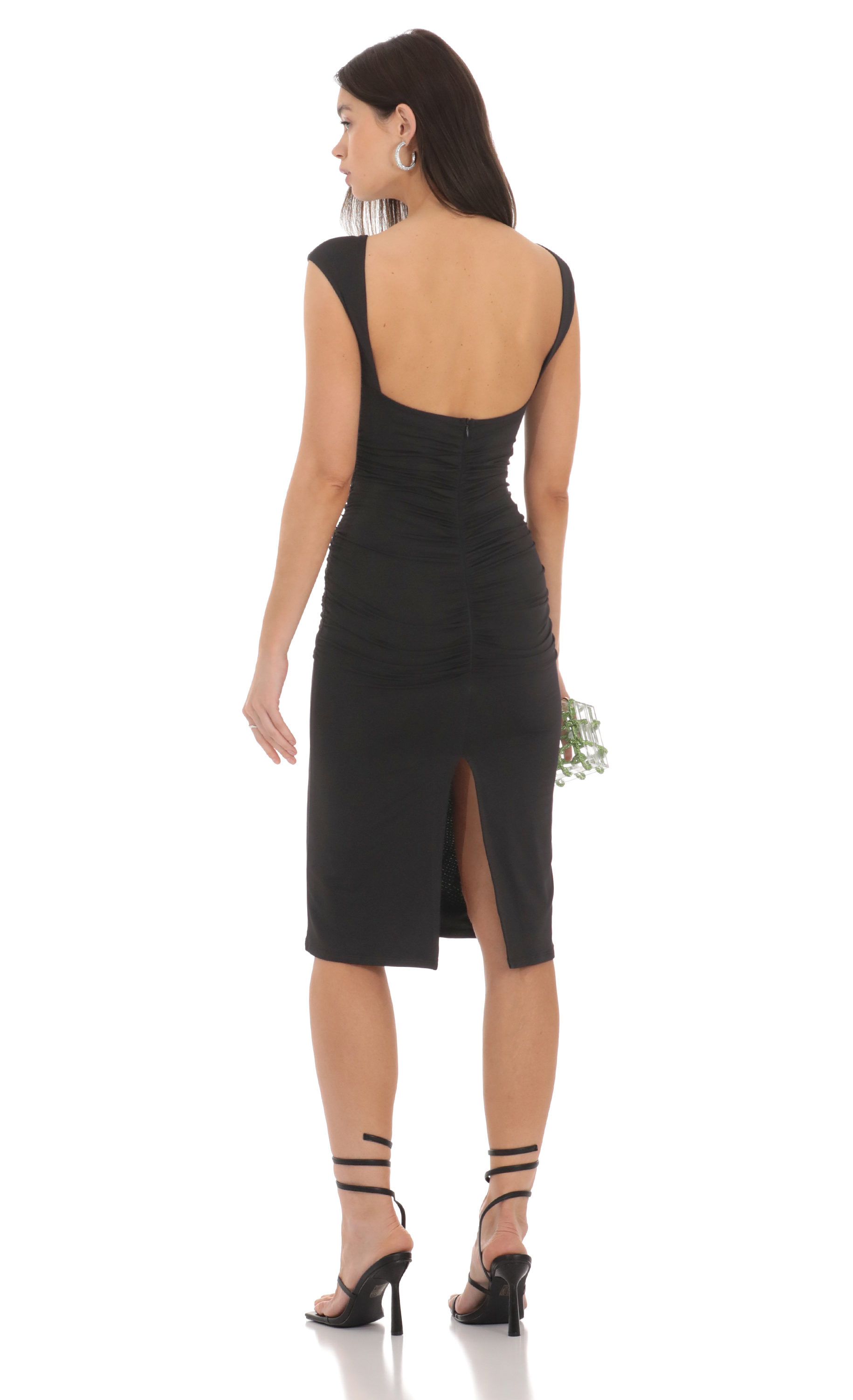 Open Back Ruched Midi Dress in Black
