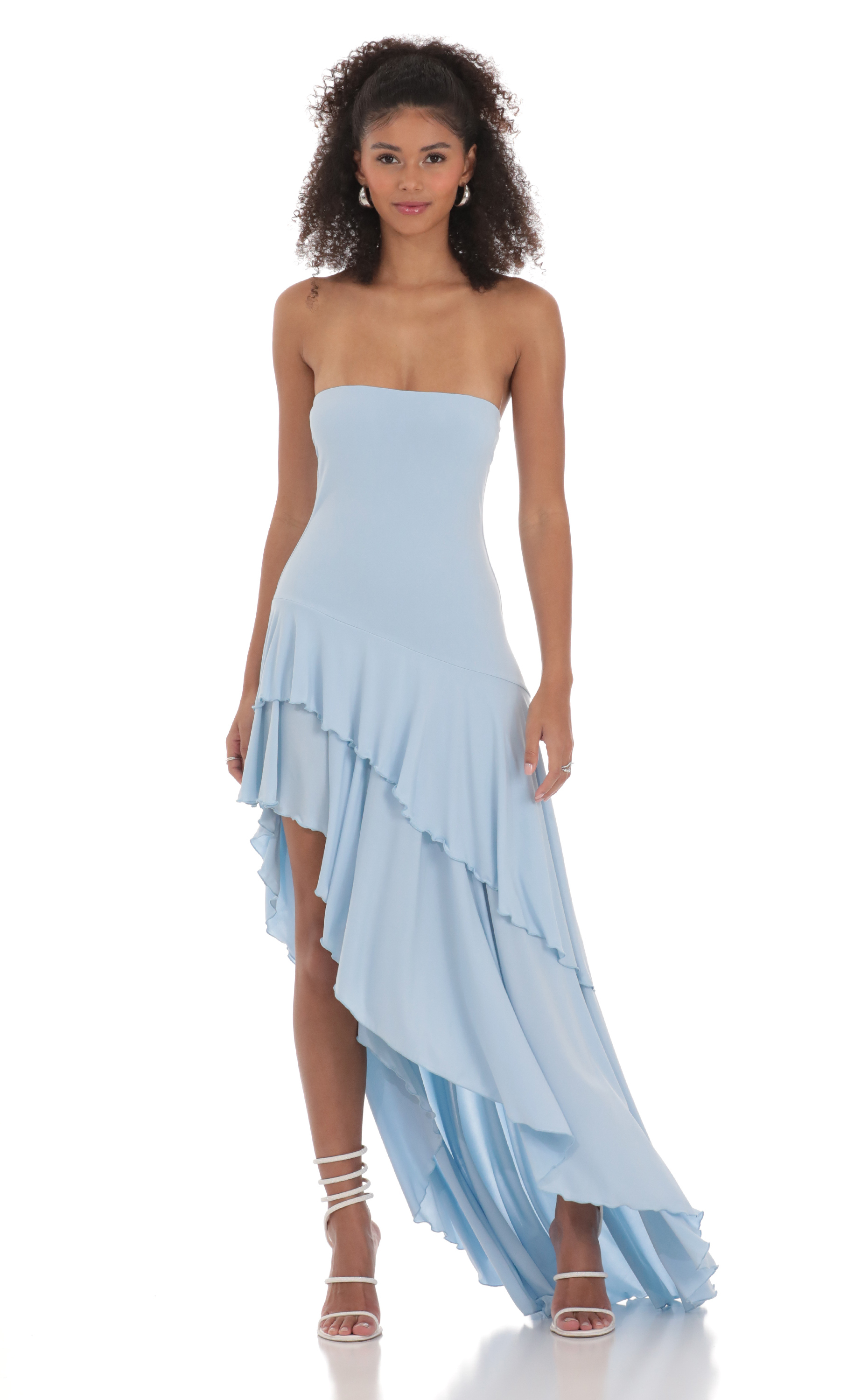 Strapless Ruffle Asymmetrical Maxi Dress in Blue