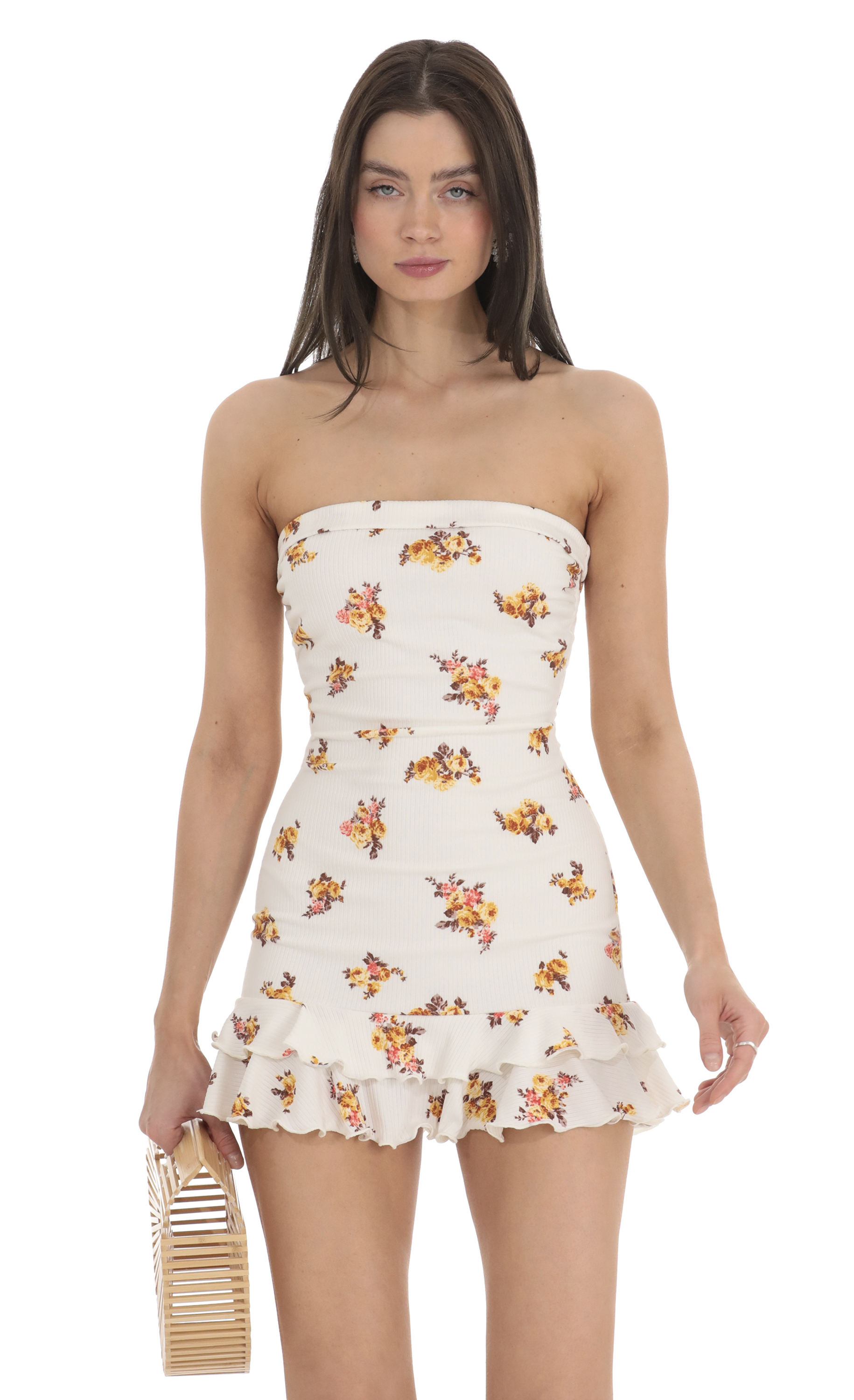Floral Ribbed Strapless Dress in White