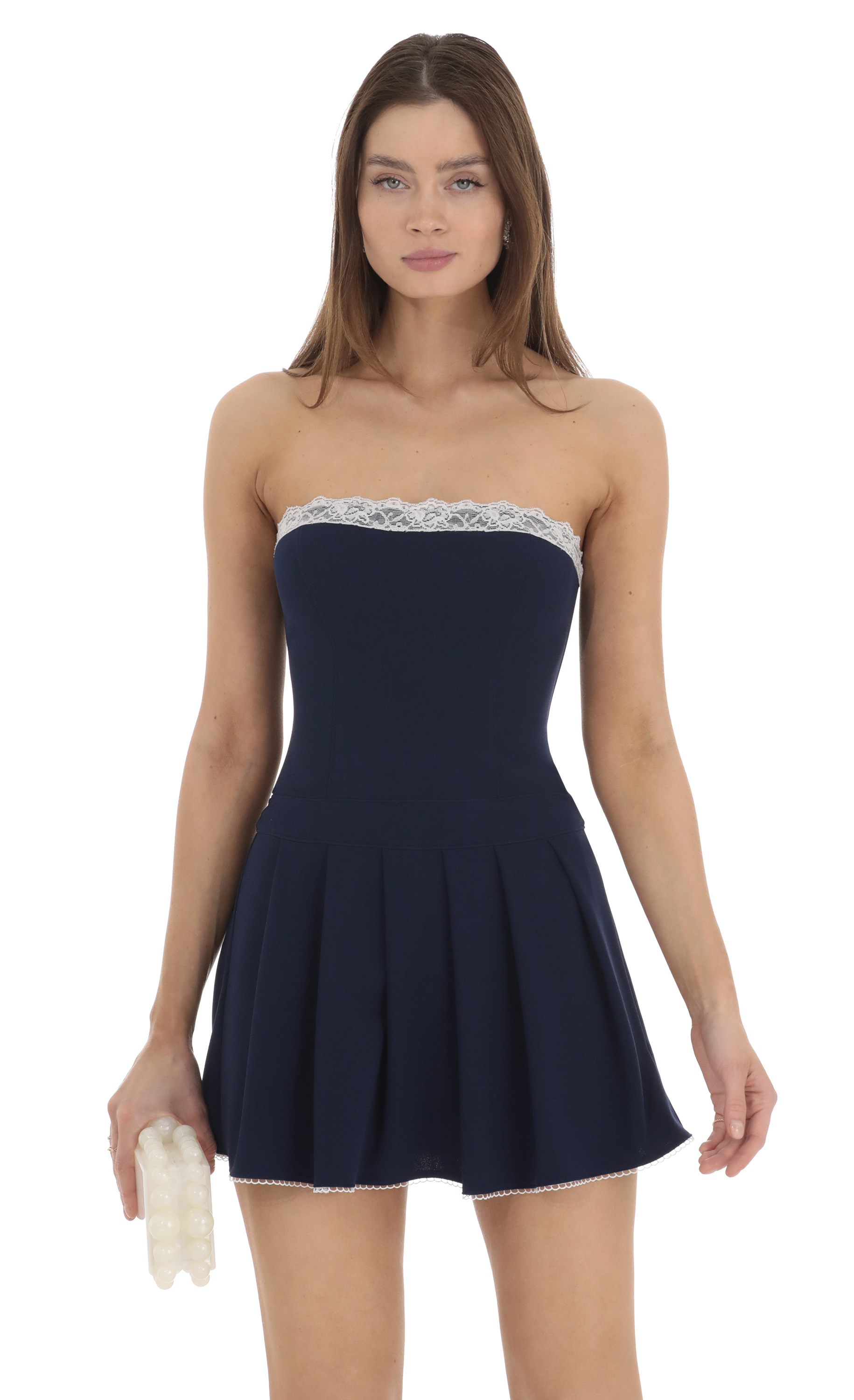 Strapless Pleated Dress in Navy