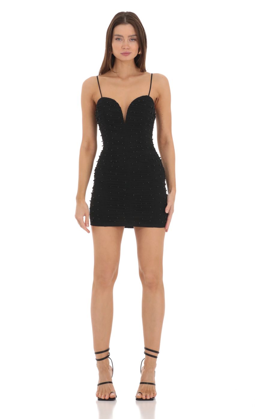 Picture Mesh Ruched Pearl Dress in Black. Source: https://media.lucyinthesky.com/data/Feb24/850xAUTO/3969f345-a311-4d2a-971c-b69d8a19a95e.jpg