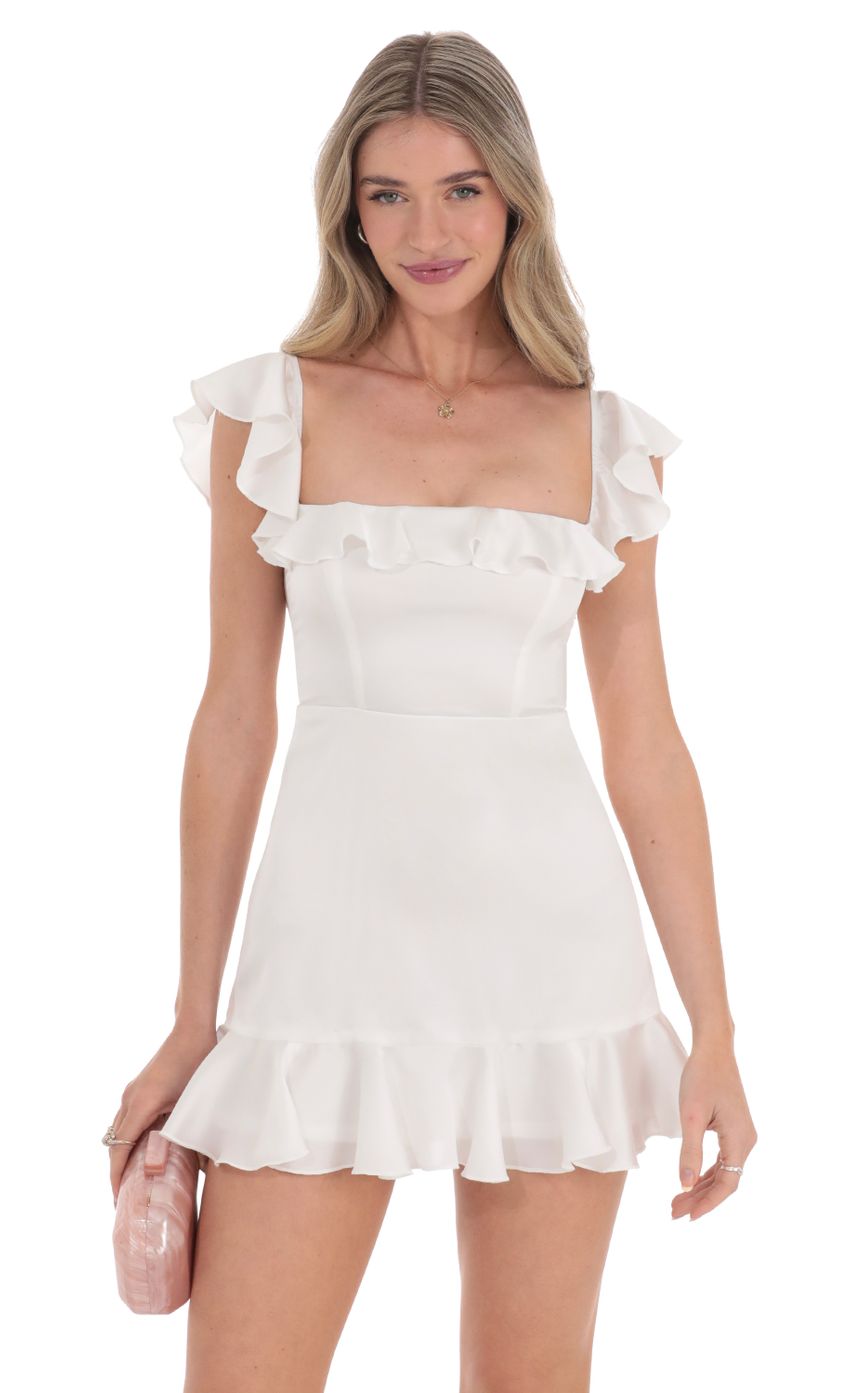 Picture Satin Ruffle Mini Dress in White. Source: https://media.lucyinthesky.com/data/Feb24/850xAUTO/73d810b4-5708-4963-8f2f-64c36754c147.jpg