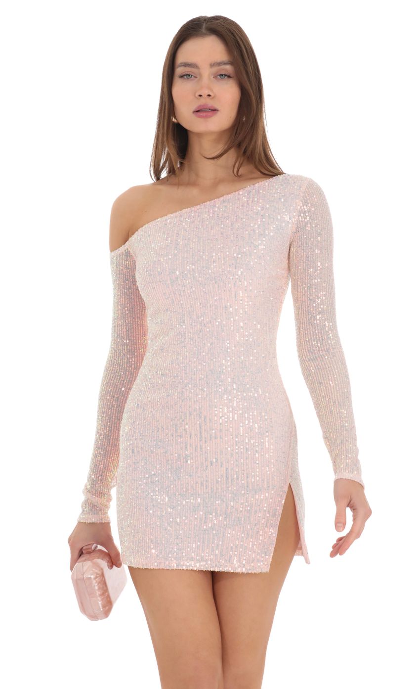 Picture Sequin One Off Shoulder Bodycon Dress in Peach. Source: https://media.lucyinthesky.com/data/Feb24/850xAUTO/a9ef9fda-90ba-4952-8424-29064577ecf6.jpg