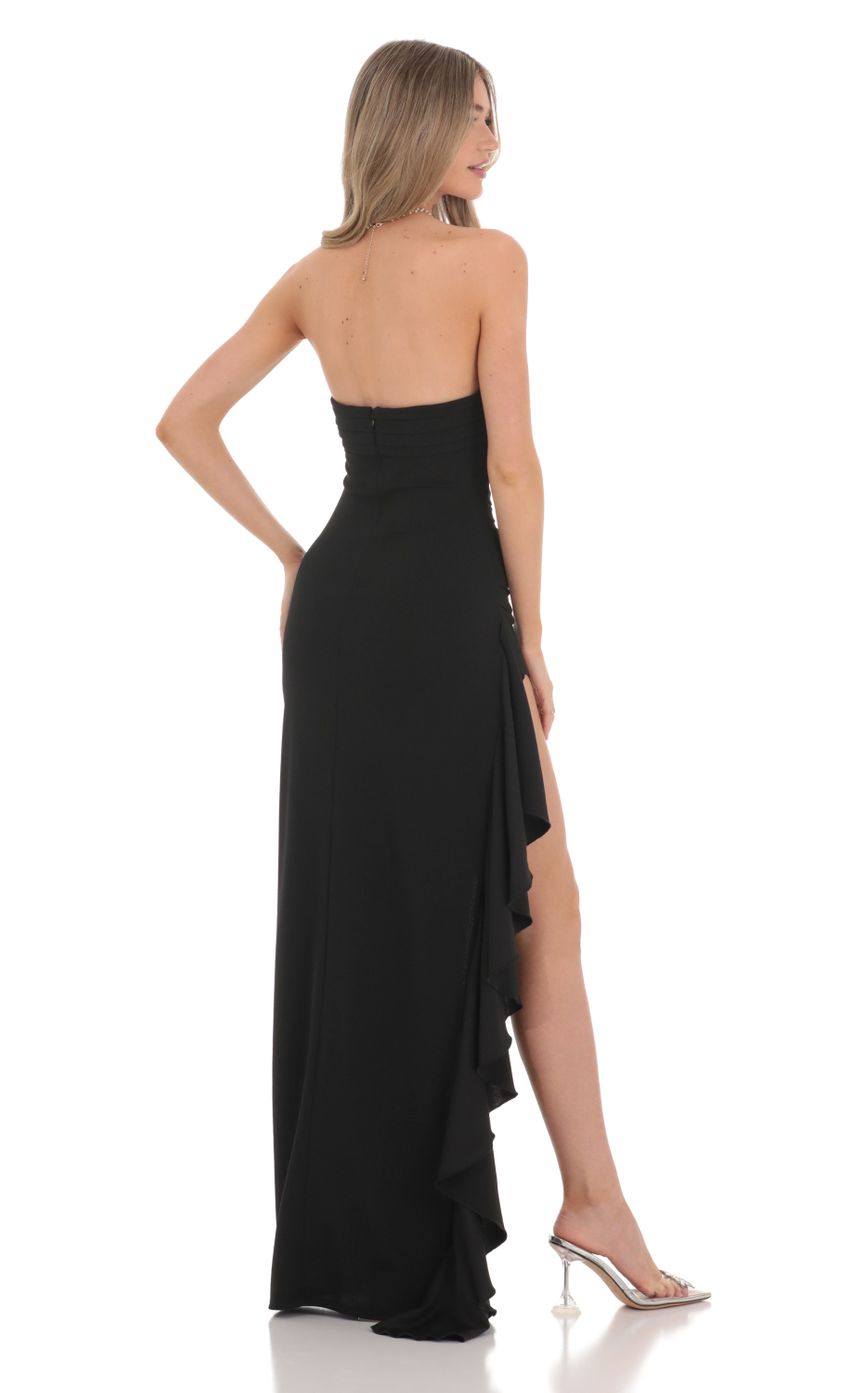 Picture Strapless Ruched Ruffle Maxi Dress in Black. Source: https://media.lucyinthesky.com/data/Feb24/850xAUTO/b5c1ef31-fdfd-4630-bc0e-e3d9b4b5e38d.jpg