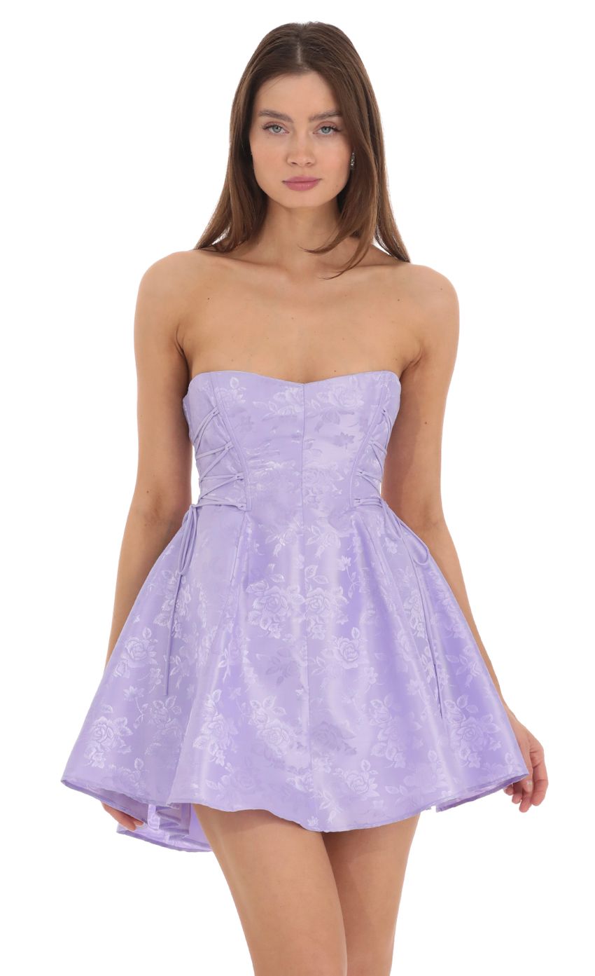 Picture Strapless Jacquard A-Line Dress in Lavender. Source: https://media.lucyinthesky.com/data/Feb24/850xAUTO/c835575c-de55-4686-b460-0bd897a28de1.jpg