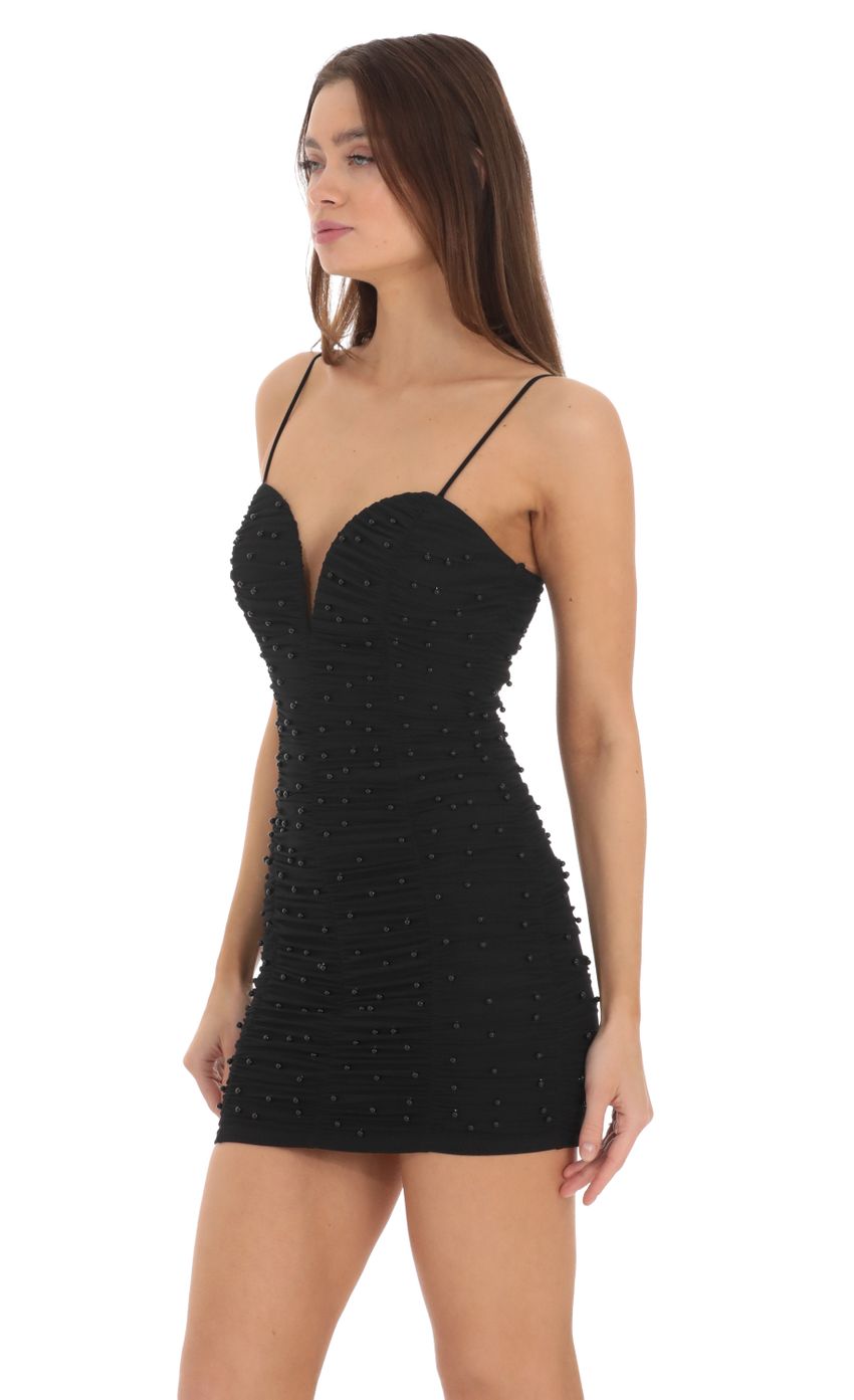 Picture Mesh Ruched Pearl Dress in Black. Source: https://media.lucyinthesky.com/data/Feb24/850xAUTO/d757d4dc-7fd3-4477-acfe-56002c3abf4f.jpg