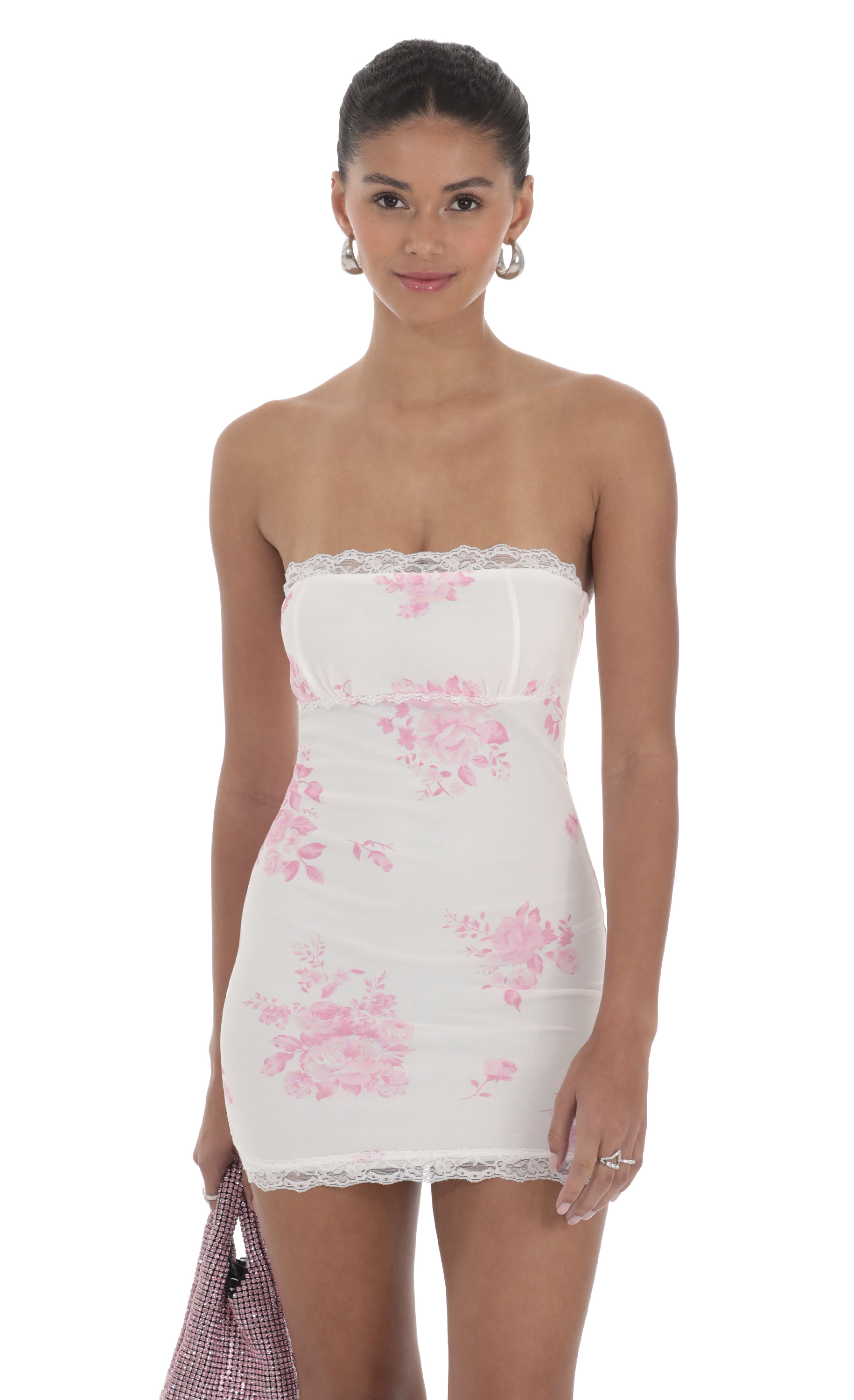 Mesh Floral Lace Strapless Bodycon Dress in White