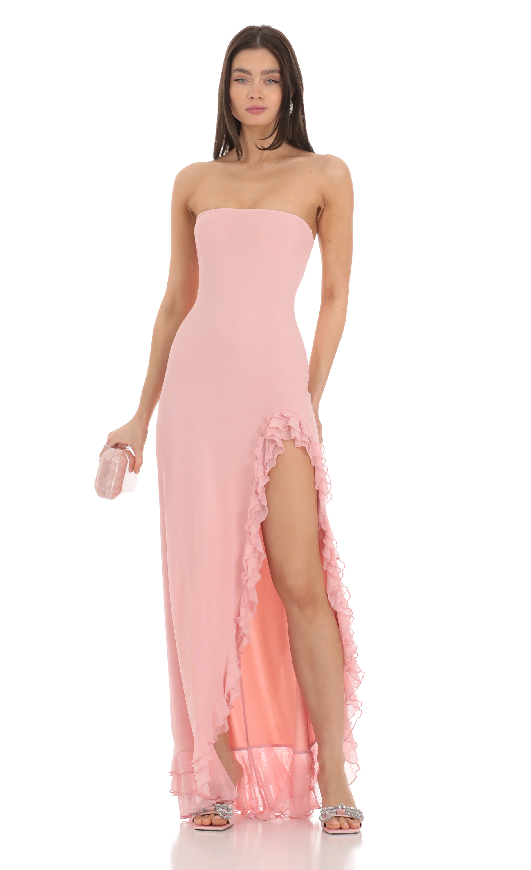Strapless Mesh Ruffle Maxi Dress in Pink
