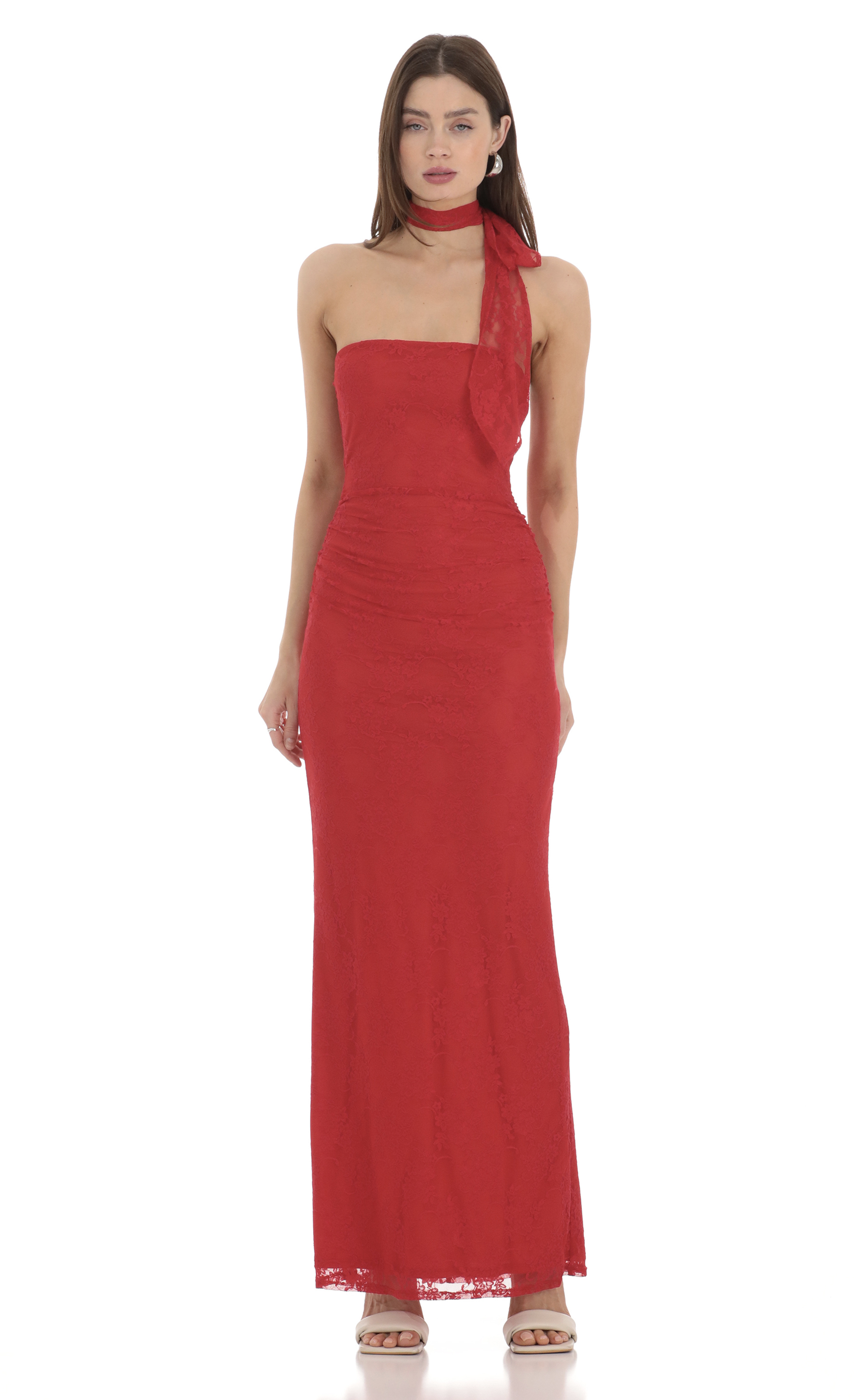 Chicago Ruched Side Slit Maxi Dress in Red