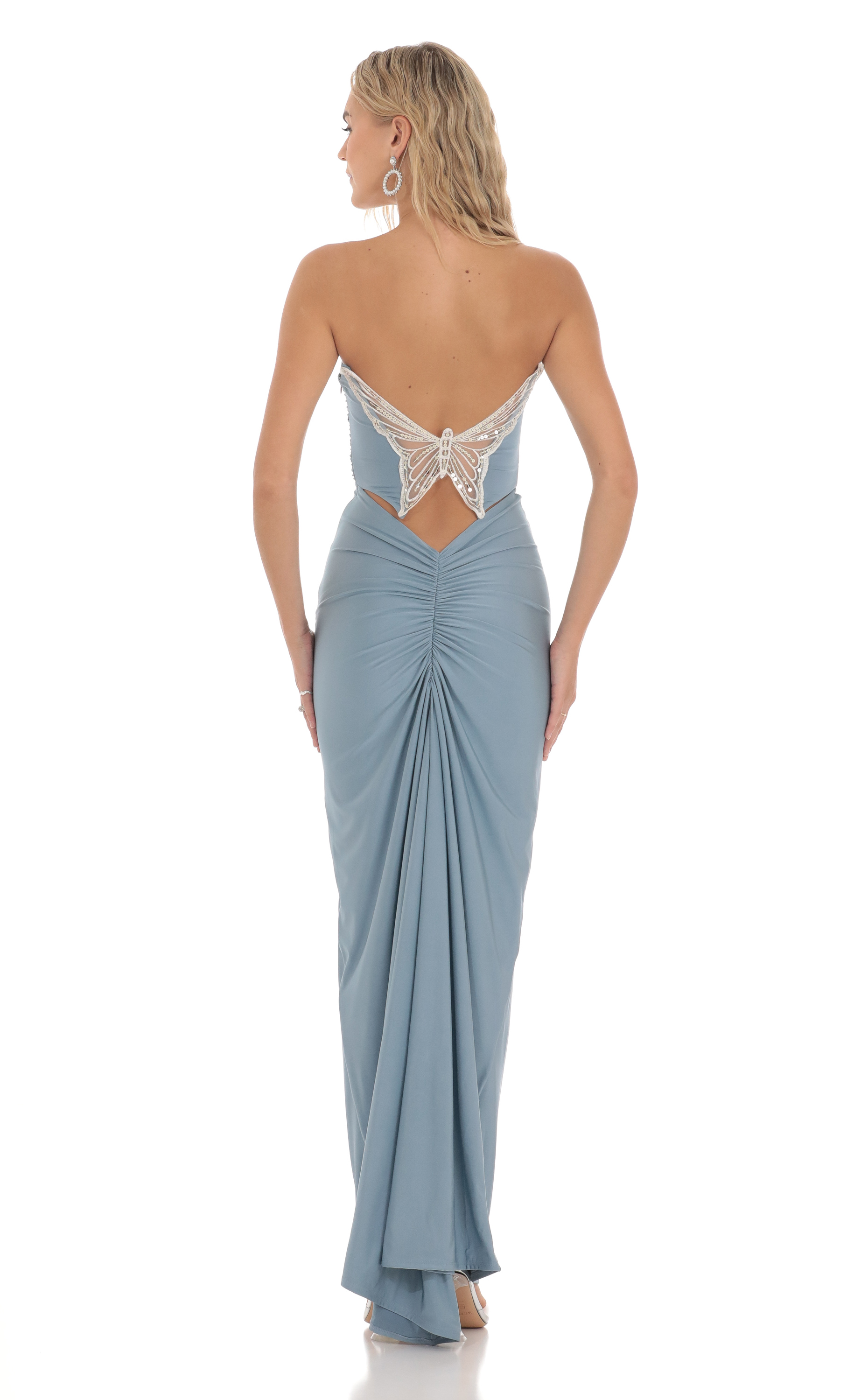 Strapless Corset Sequin Butterfly Maxi Dress in Blue