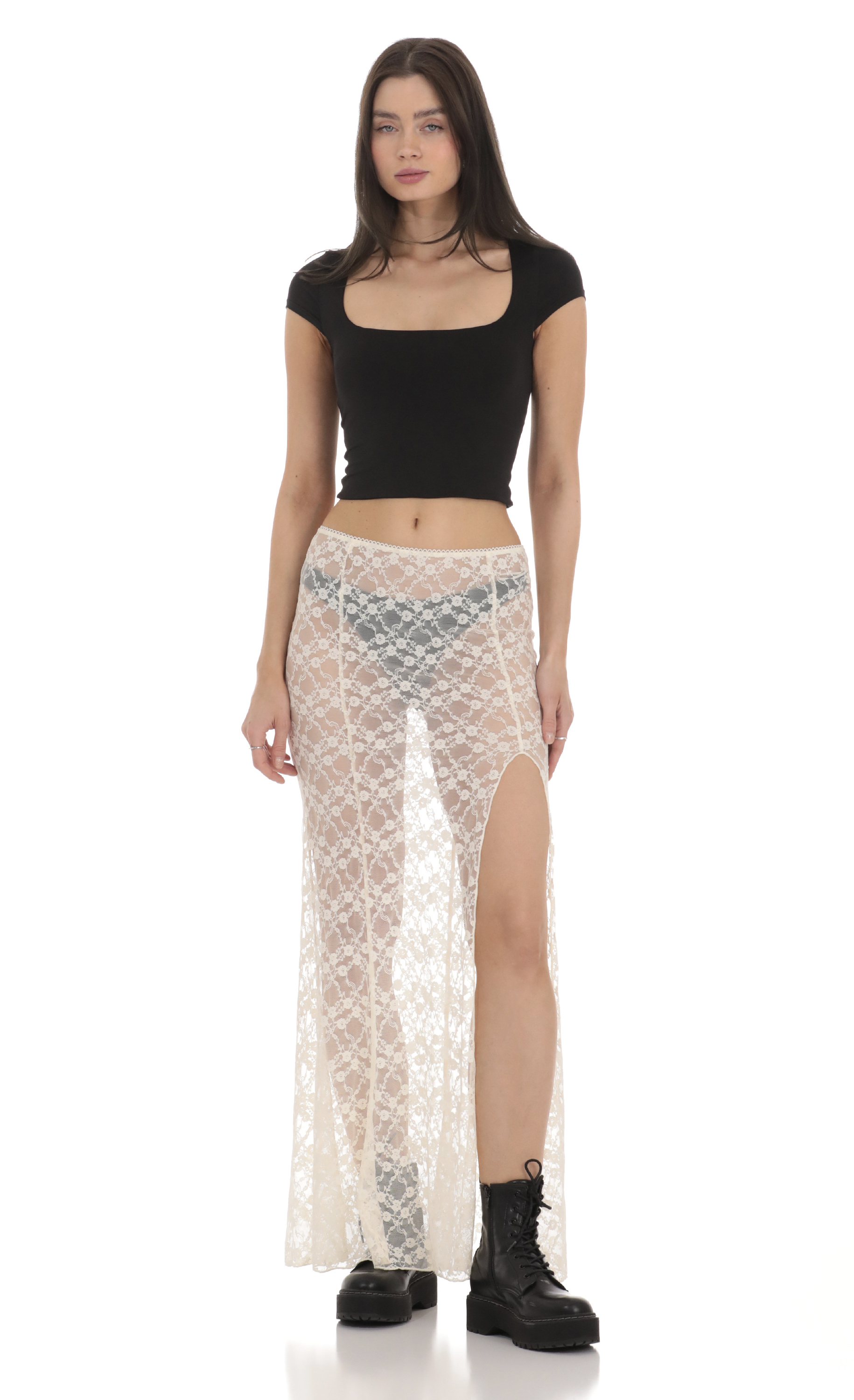 Sheer Lace Maxi Skirt in Cream