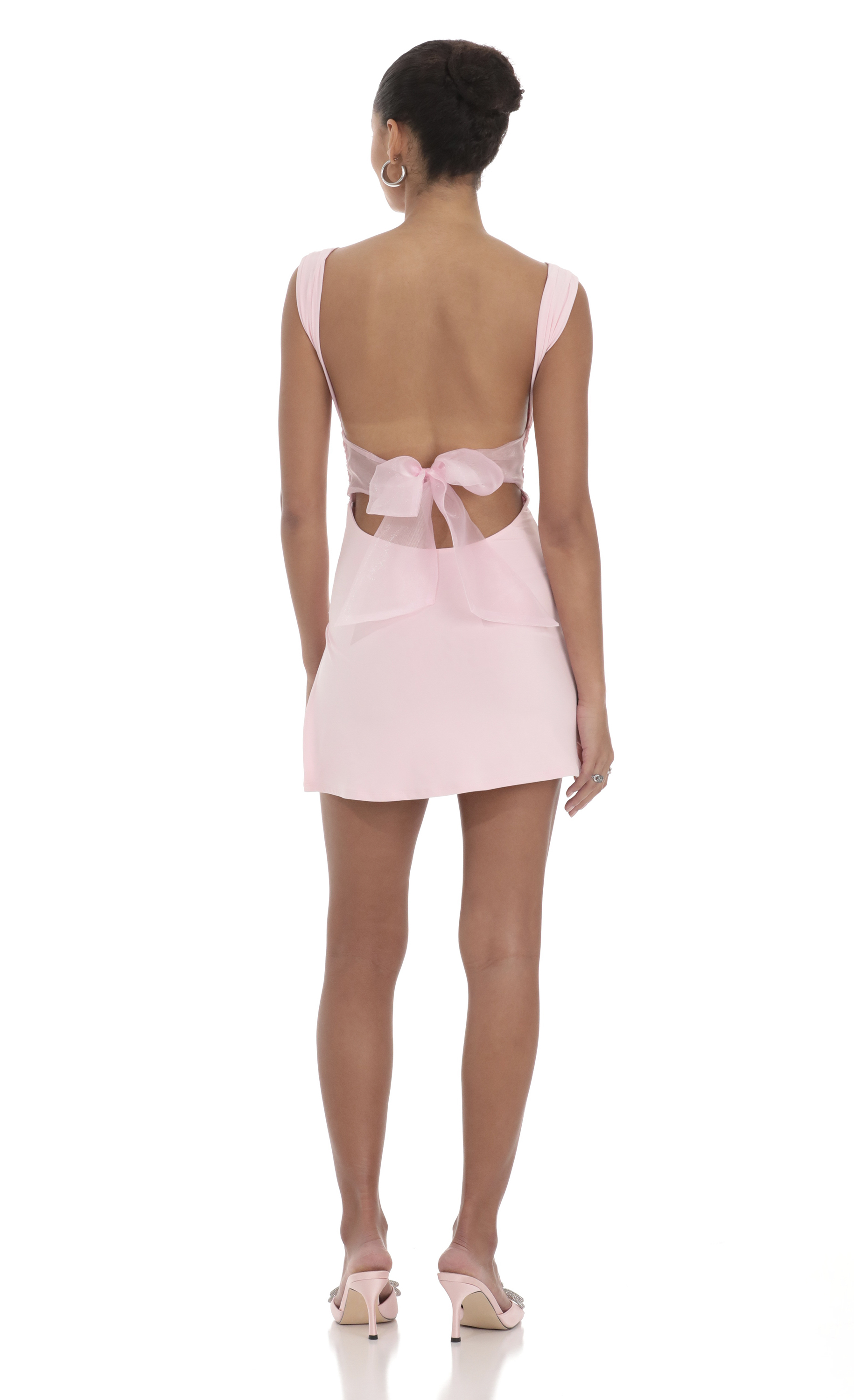 Tulle Back Bow Ruched Bodycon Dress in Pink